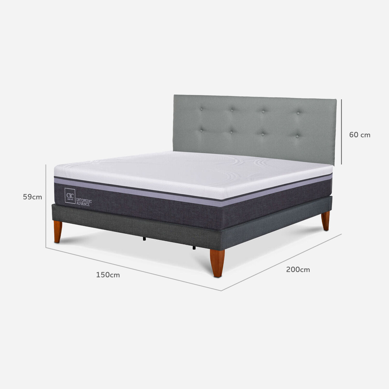 Cama Europea Box Ortopedic Advance 2 Plazas + Respaldo Tapiz Gris