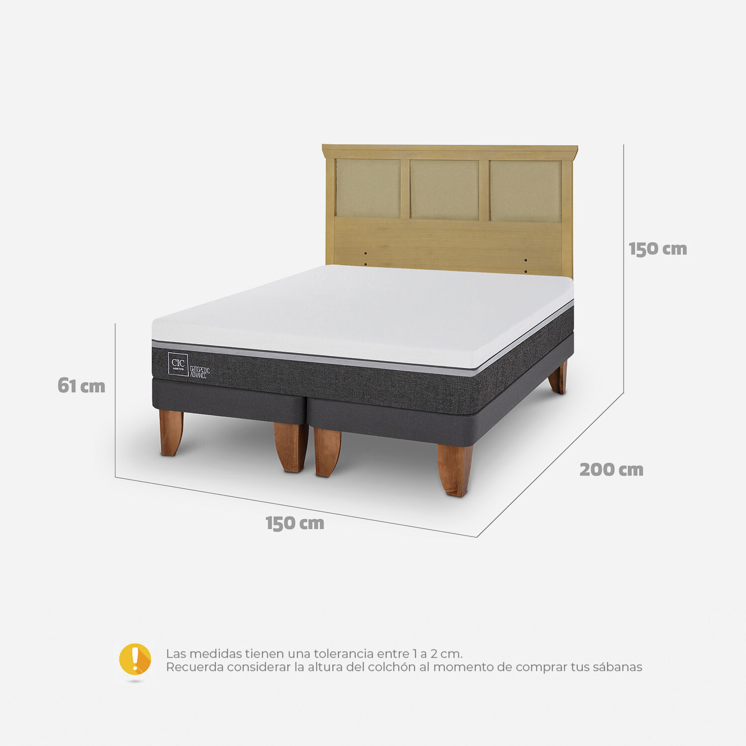 Cama Europea 2 Plazas Ortopedic Advance Base Dividida + Respaldo Torino Mostaza