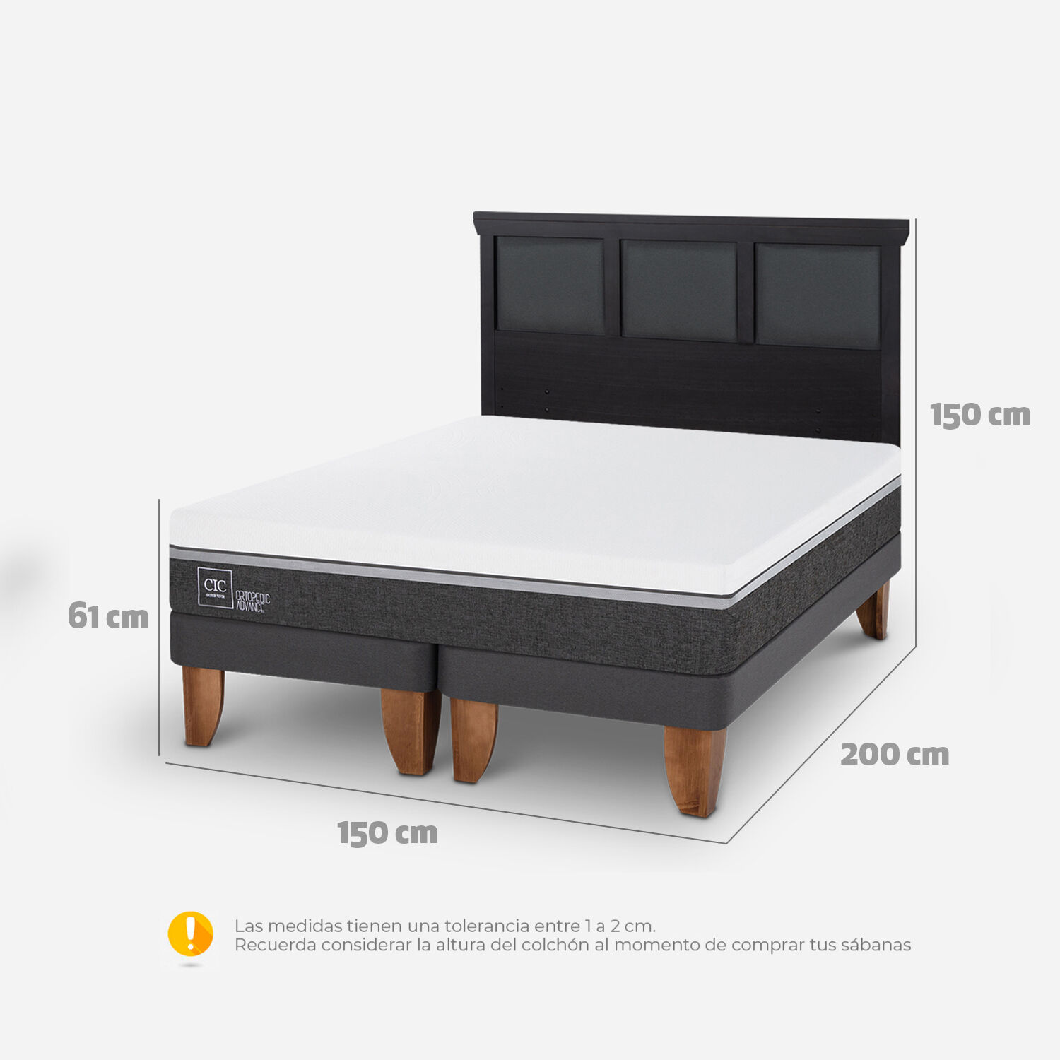 Cama Europea 2 Plazas Ortopedic Advance Base Dividida + Respaldo Torino Negro