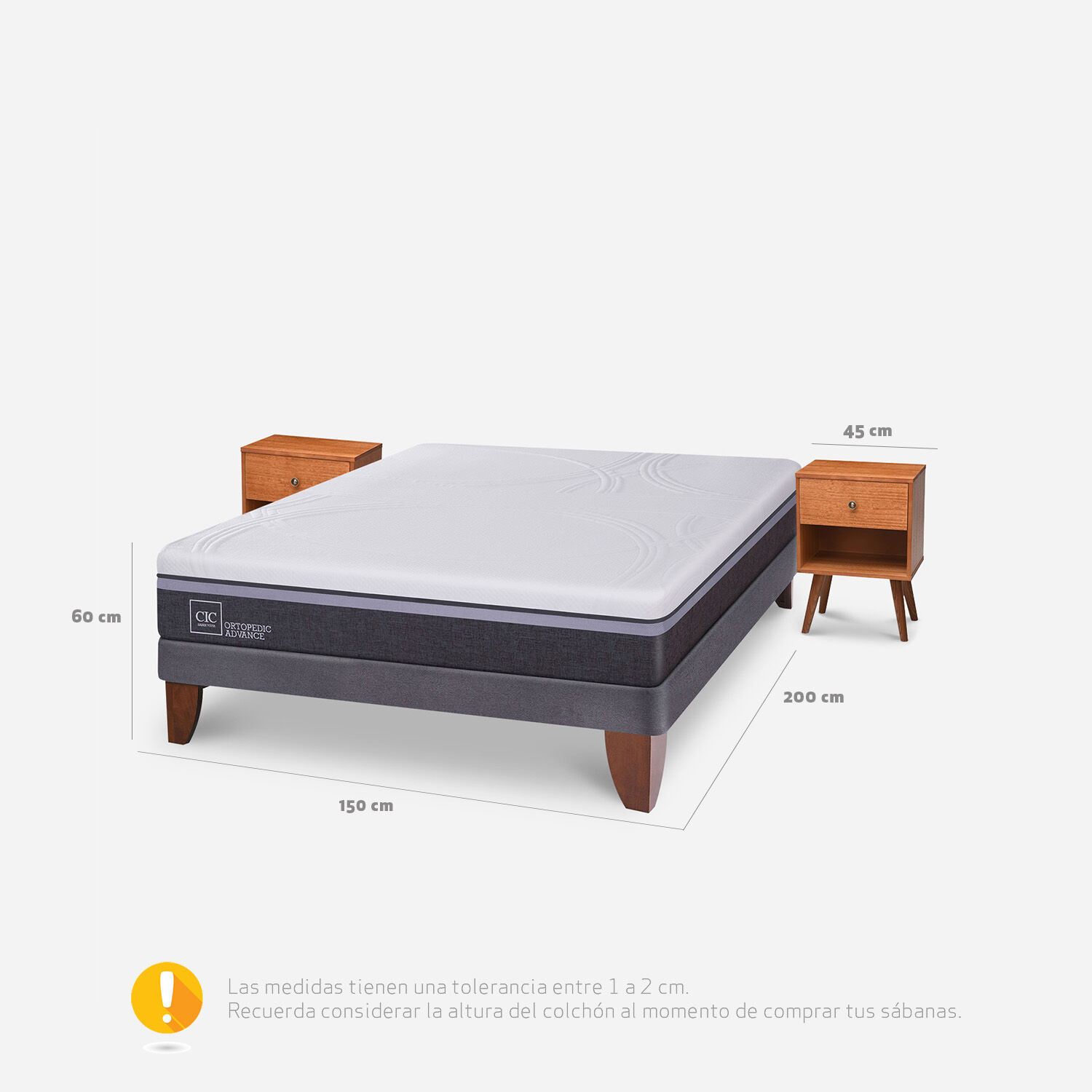 Cama Europea 2 Plazas Ortopedic Advance Base Normal + Veladores Gales Caramel