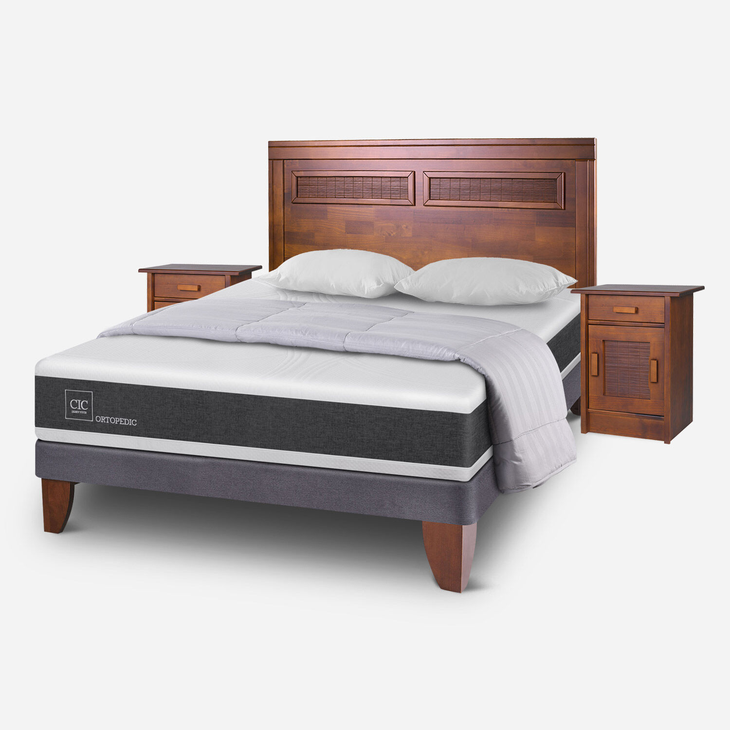 Cama Europea 2 Plazas Ortopedic Base Normal + Set Mil&aacute;n Caramel + Almohadas + Plum&oacute;n Plumas