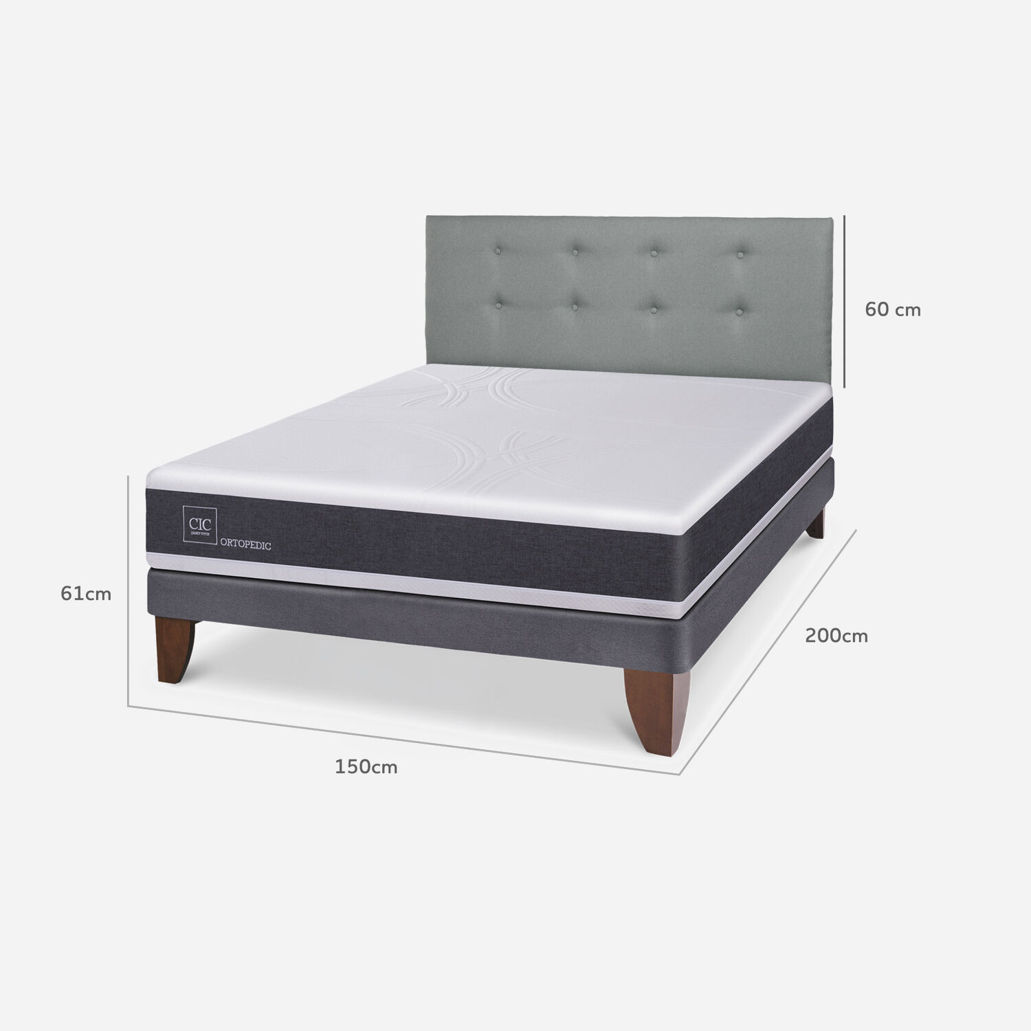 Cama Europea 2 Plazas New Ortopedic Base Normal + Respaldo Tapizado Gris
