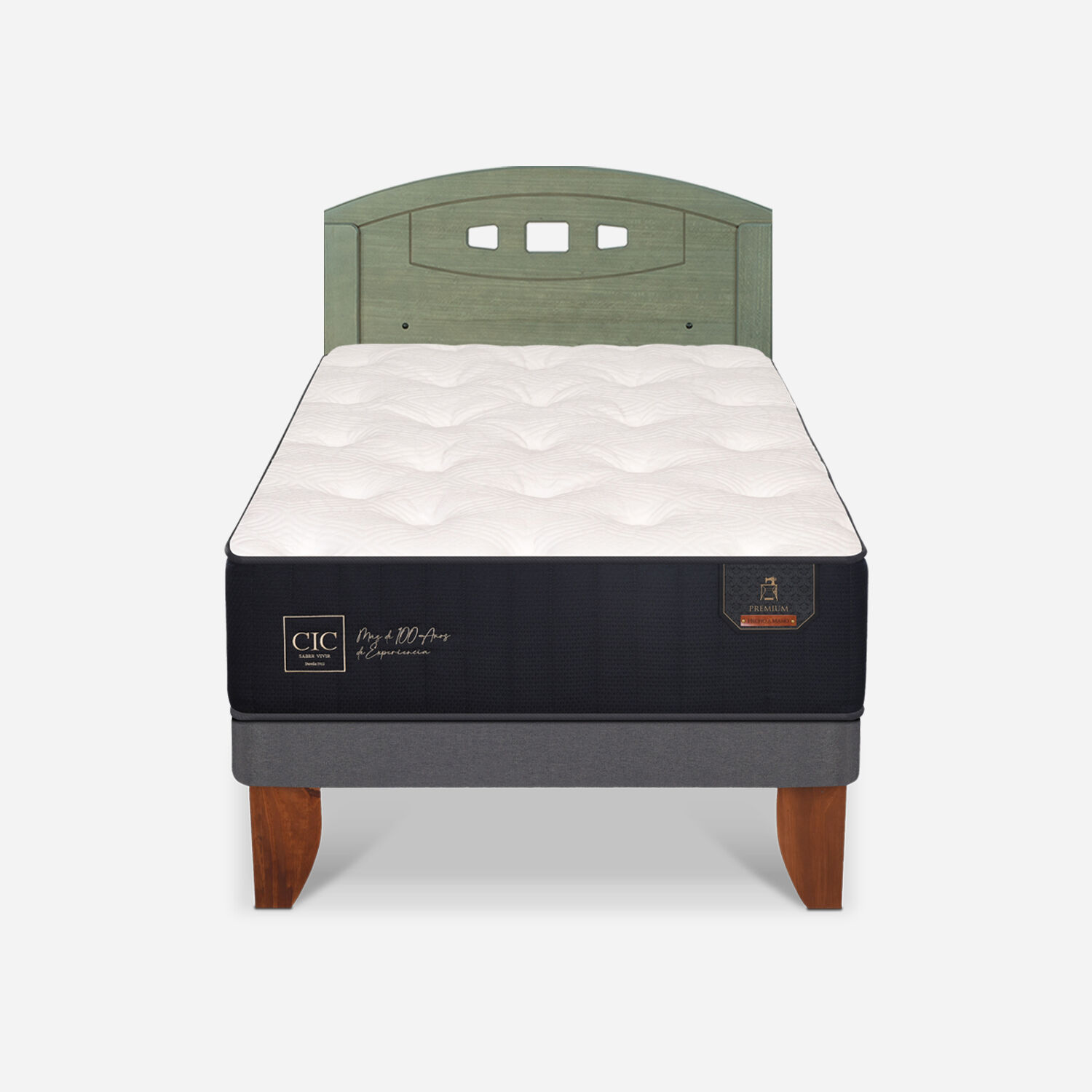 Cama Europea 1,5 Plazas Premium + Respaldo Gales Olivo