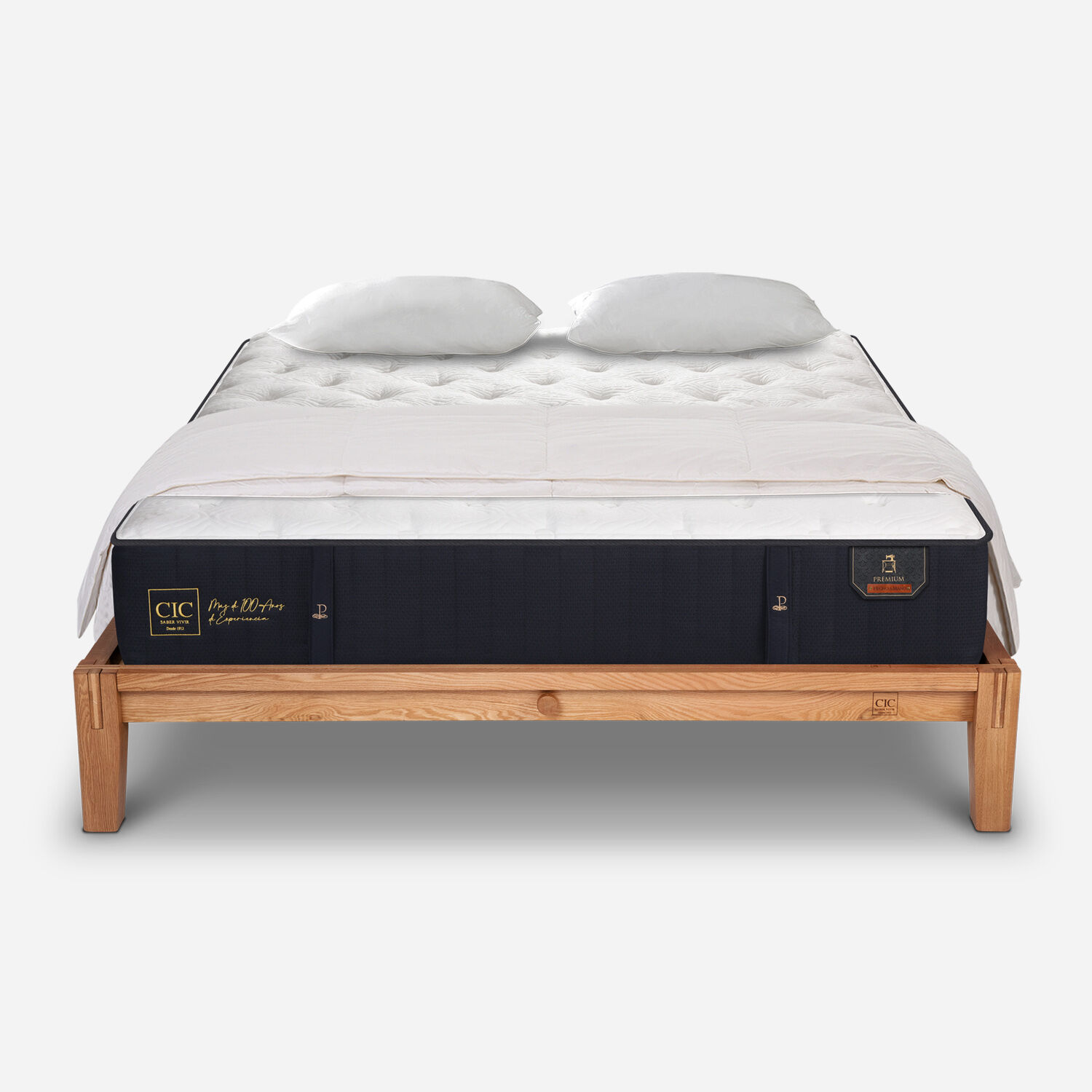 Cama Oak 2 Plazas Premium + Almohadas Viscoelásticas + Plumón