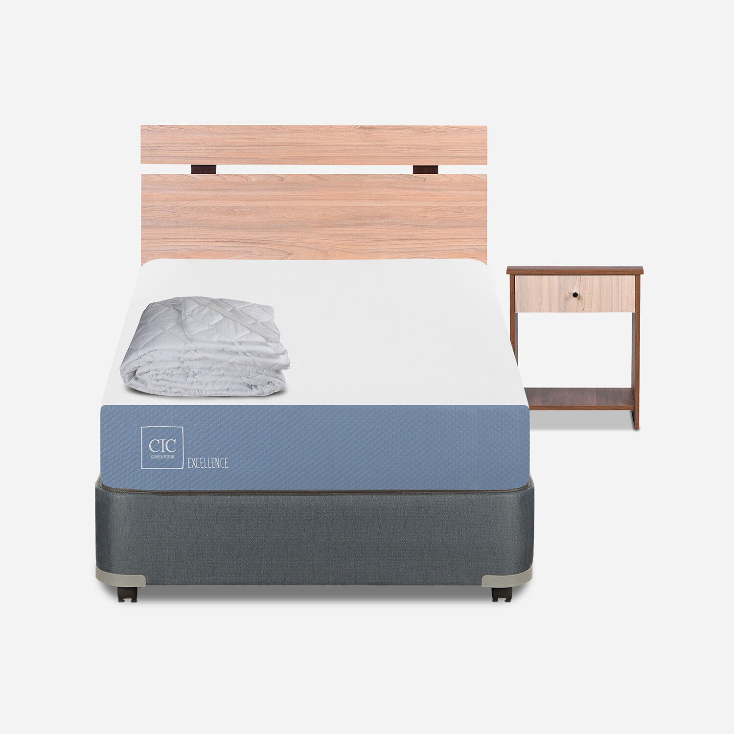 Cama Americana 1,5 Plazas Excellence + Set Olmo + Plum&oacute;n