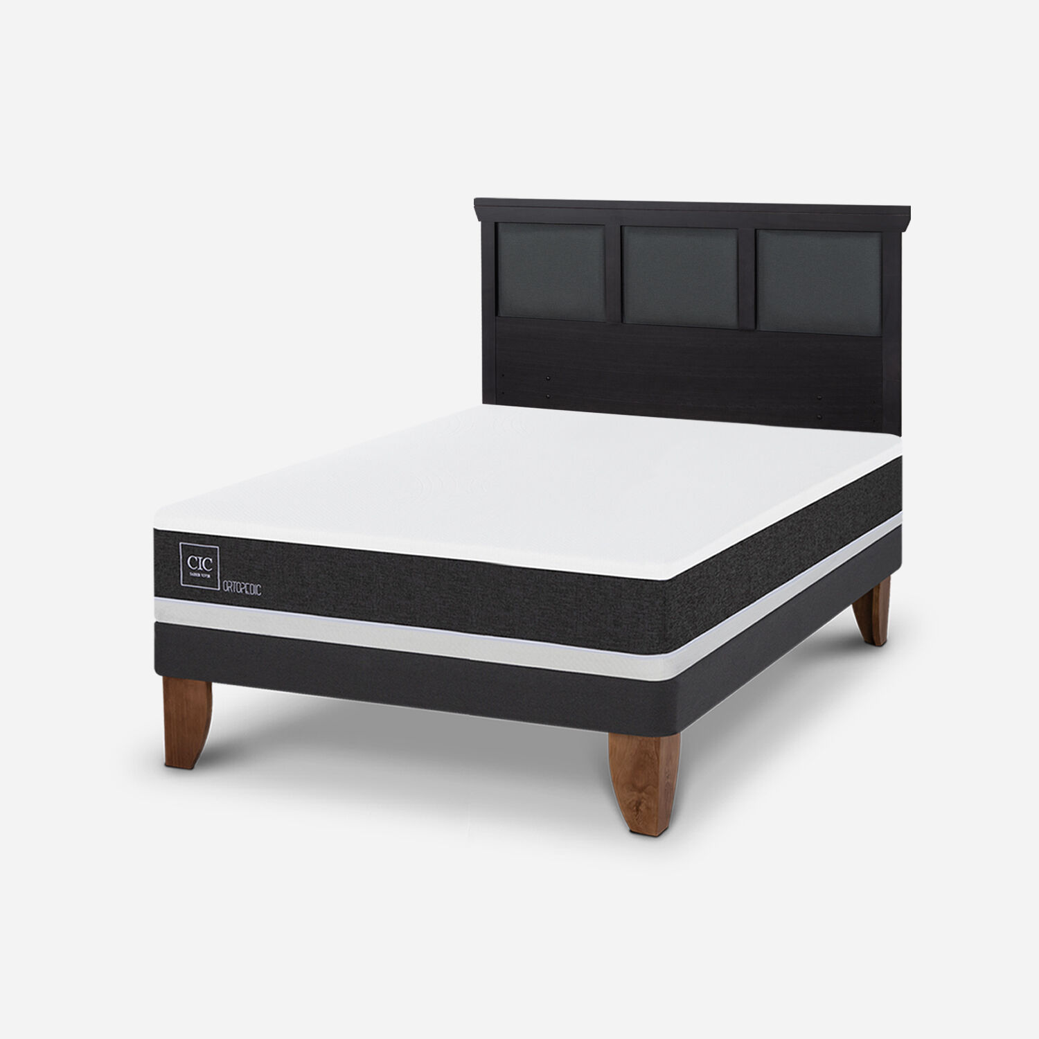 Cama Europea 2 Plazas Ortopedic Base Normal + Respaldo Torino Negro