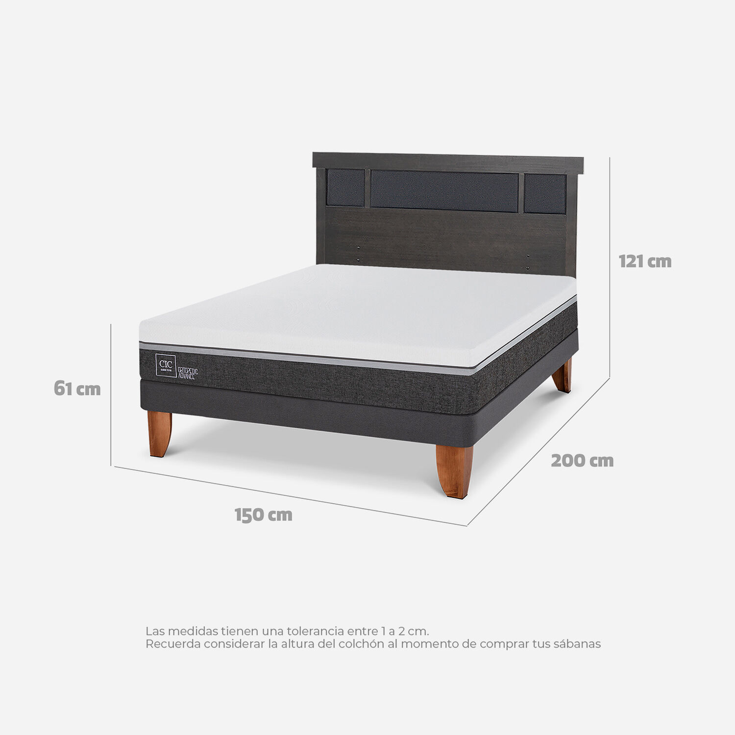 Cama Europea 2 Plazas Ortopedic Advance + Respaldo Dublín Gris