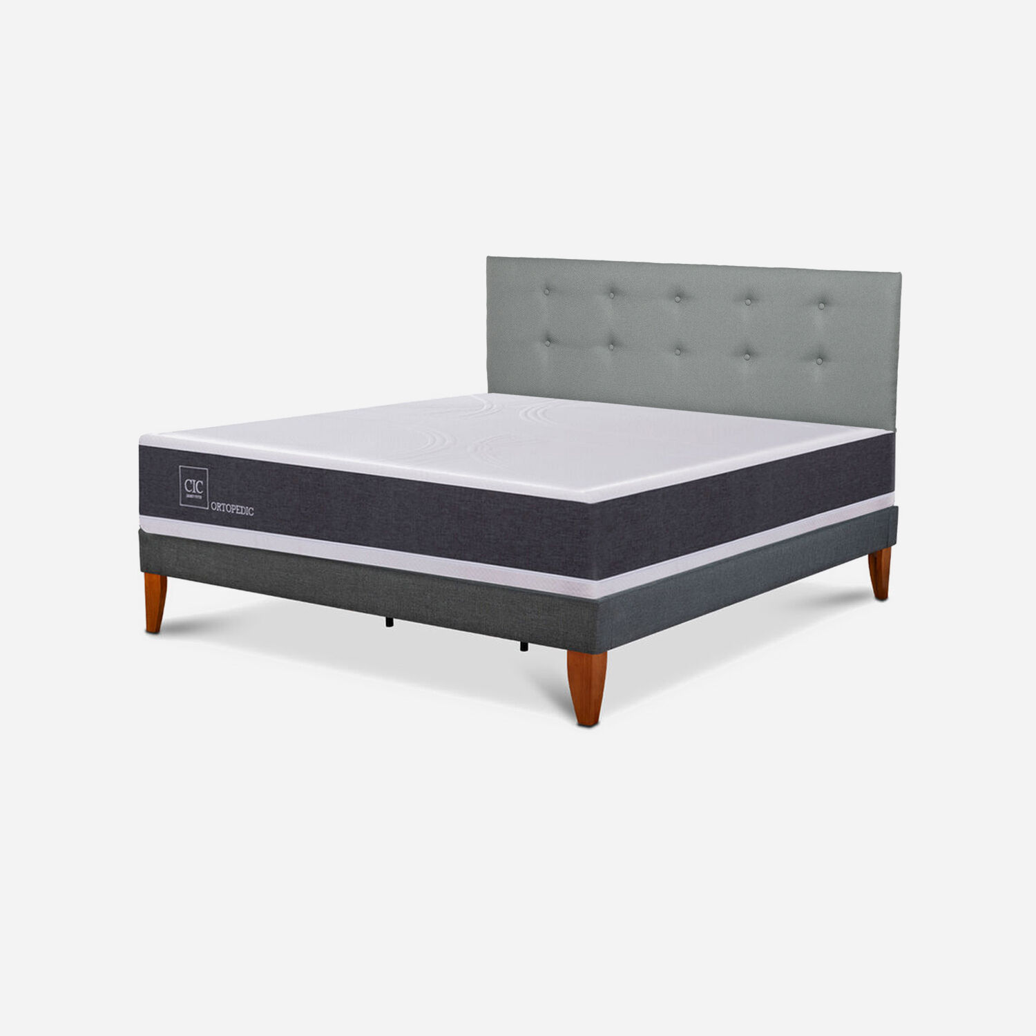 Cama Europea Box New Ortopedic King + Respaldo Tapiz Gris