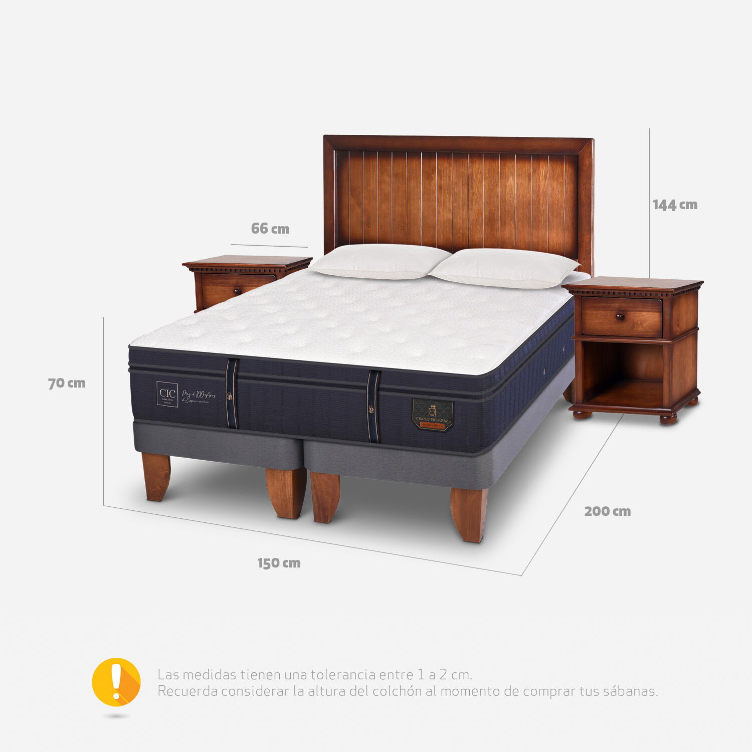 Cama Europea 2 Plazas Base Dividida Grand Premium + Set Monterrey + Almohadas Pluma de Ganso
