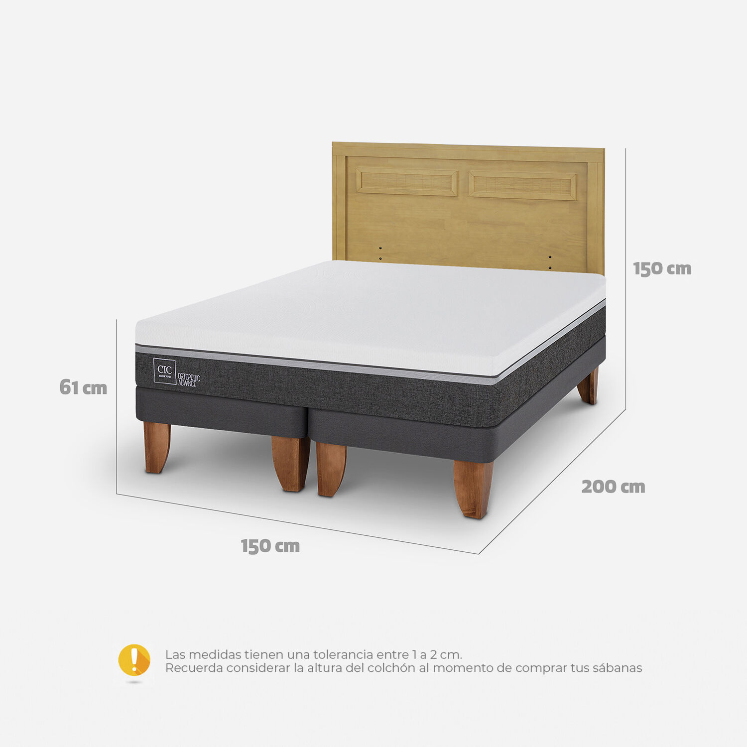 Cama Europea 2 Plazas Ortopedic Advance Base Dividida + Respaldo Milán Mostaza