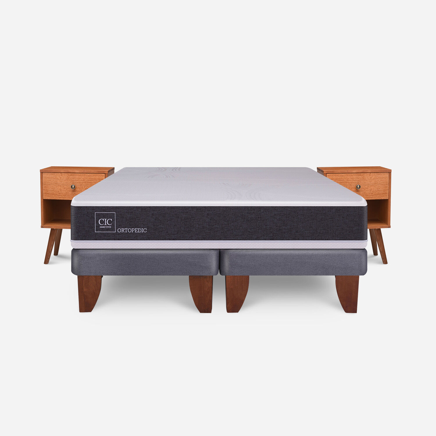 Cama Europea 2 Plazas Ortopedic Base Dividida + Veladores Gales Caramel