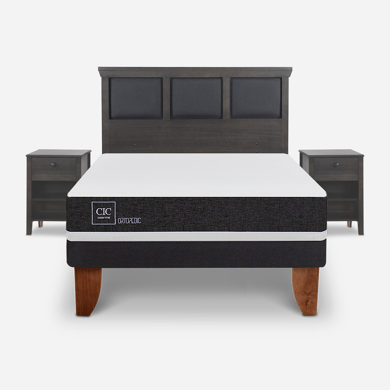 Cama Europea 2 Plazas Ortopedic Base Normal + Set Torino Gris