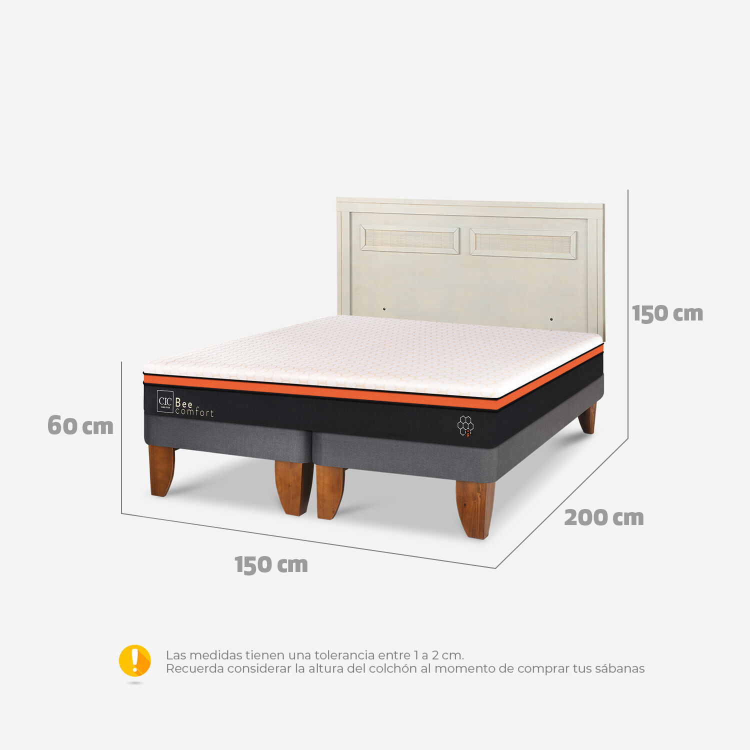 Cama Europea 2 Plazas Bee Comfort Base Dividida + Respaldo Milán Alpino