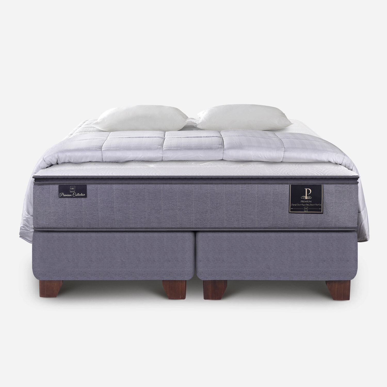 Box Spring 2 Plazas Premium Base Dividida + Almohadas + Plum&oacute;n