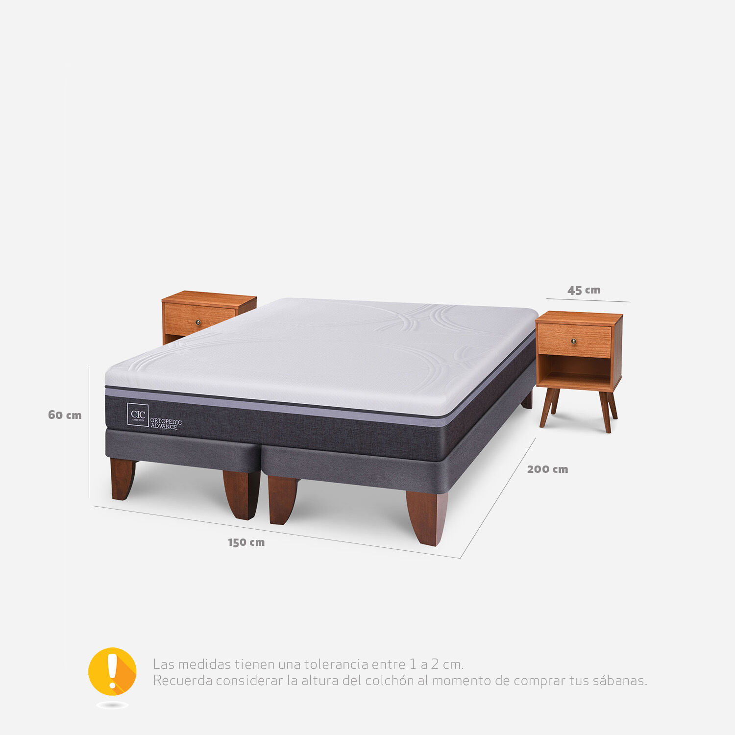 Cama Europea 2 Plazas Ortopedic Advance Base Dividida + Veladores Gales Caramel