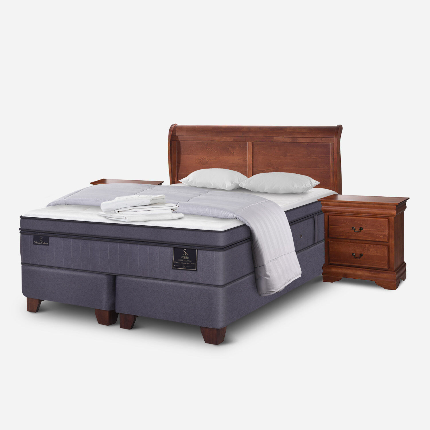 Box Spring 2 Plazas Super Premium Base Dividida + Almohadas + Plum&oacute;n + S&aacute;banas + Set Mir&oacute; Caramel