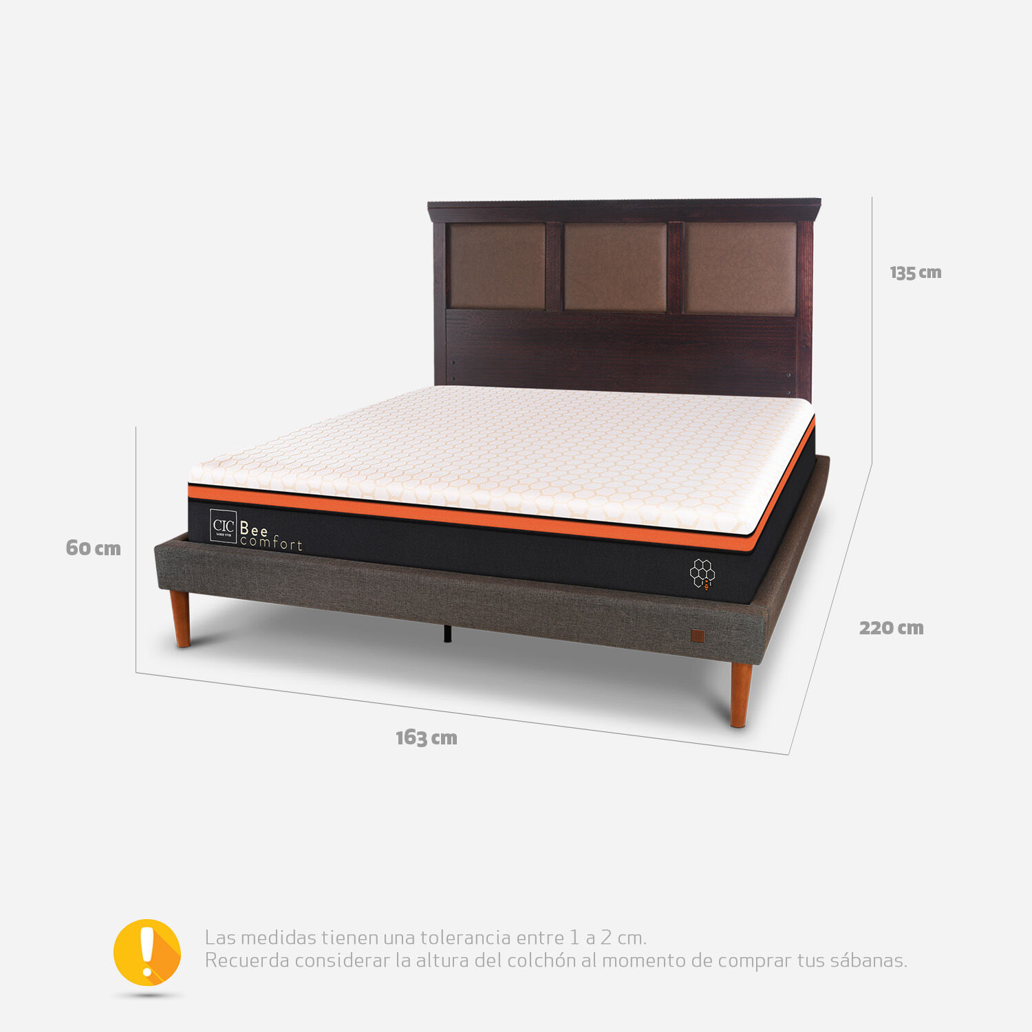 Cama Europea Curve 2 Plazas Bee Comfort + Respaldo Torino Chocolate