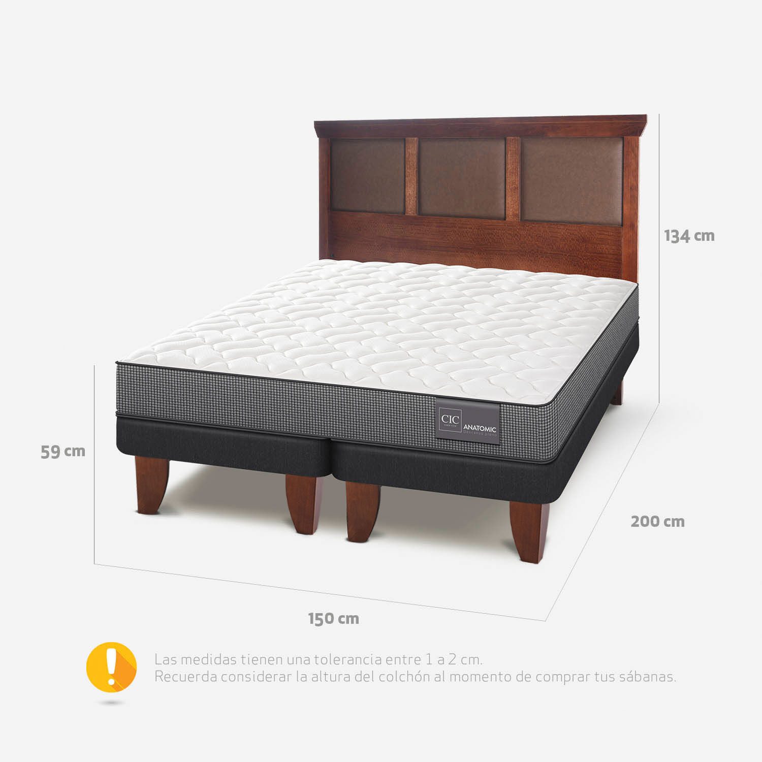 Cama Europea 2 Plazas Base Dividida Anatomic + Respaldo Torino Caramel