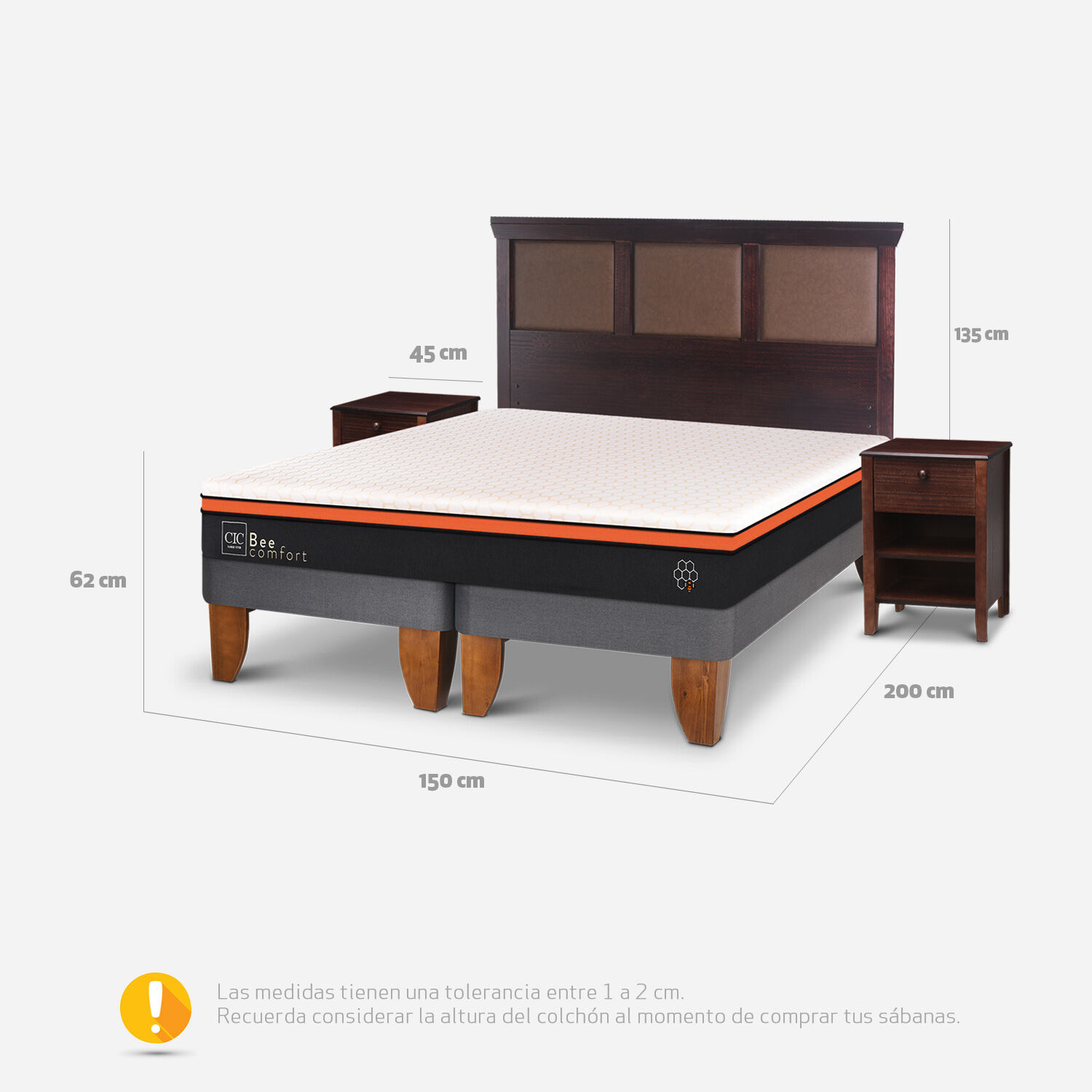 Cama Europea 2 Plazas Bee Comfort Base Dividida + Set Torino Chocolate