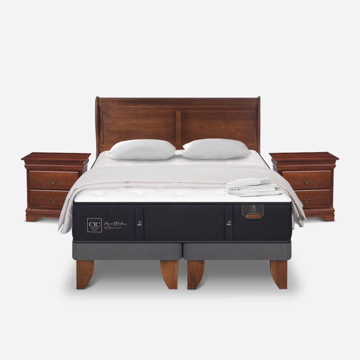 Cama Europea 2 Plazas Premium + Almohadas + Plumón + Set Miró Caramel