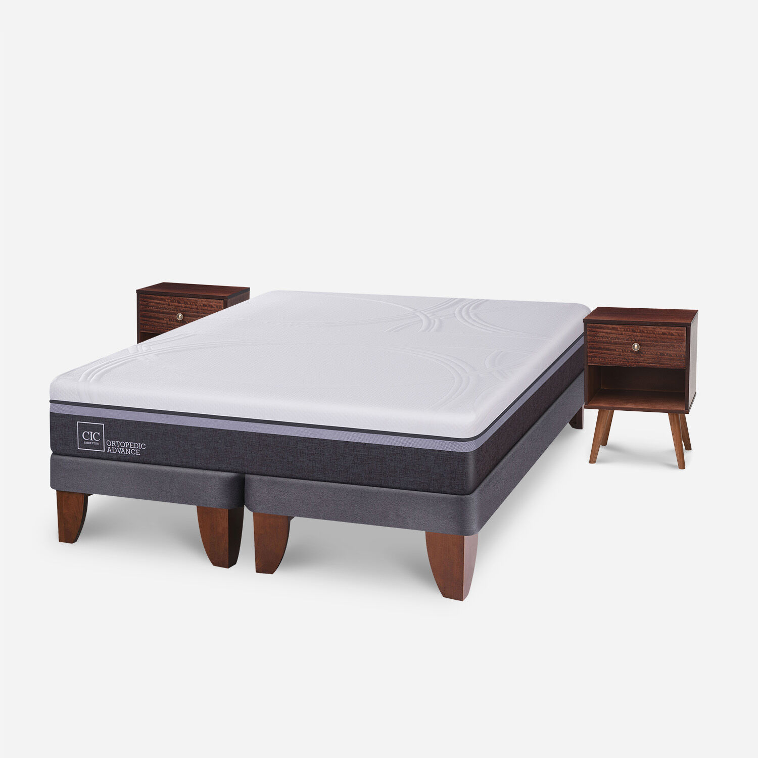 Cama Europea 2 Plazas Ortopedic Advance Base Dividida + Veladores M&uacute;nich Chocolate