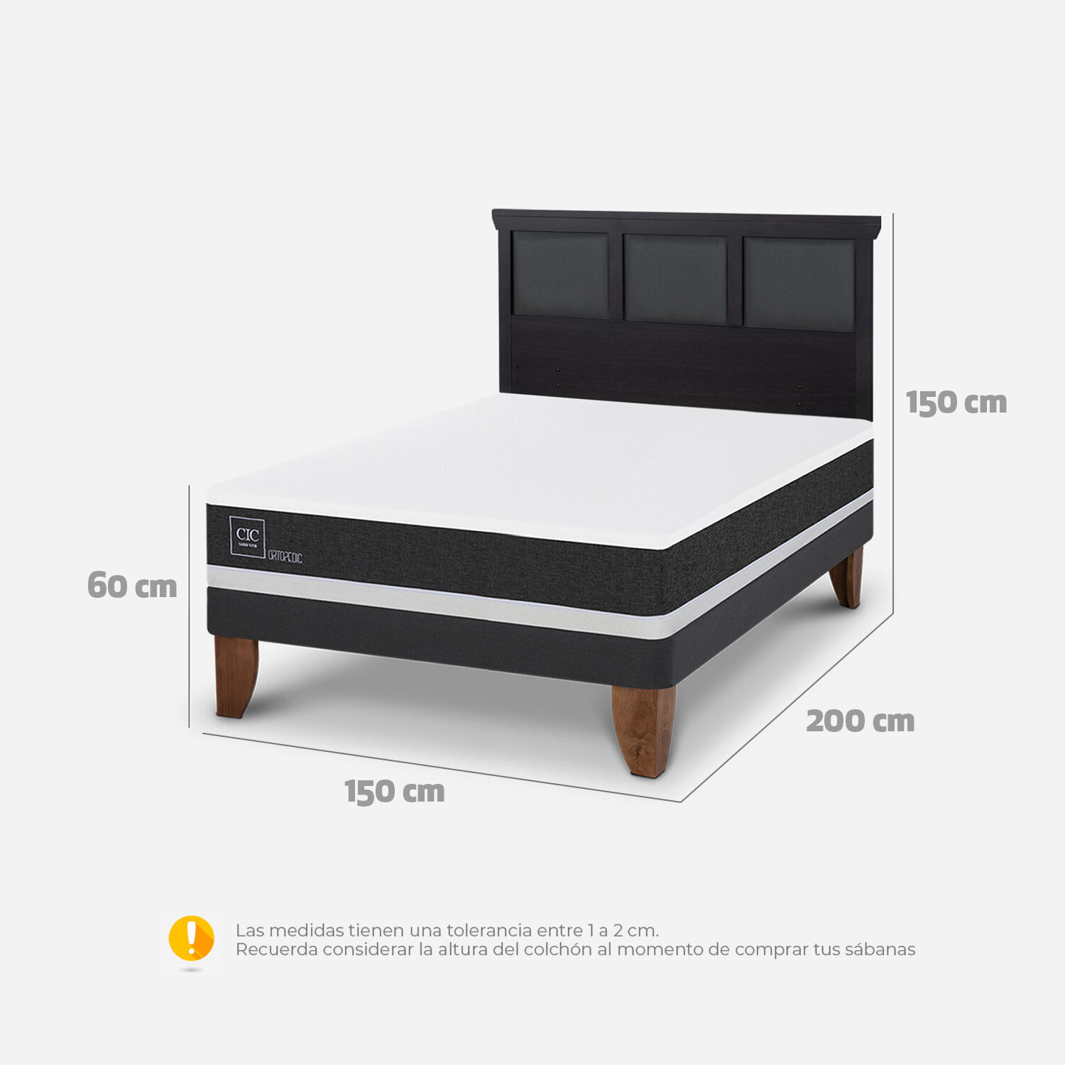 Cama Europea 2 Plazas Ortopedic Base Normal + Respaldo Torino Negro