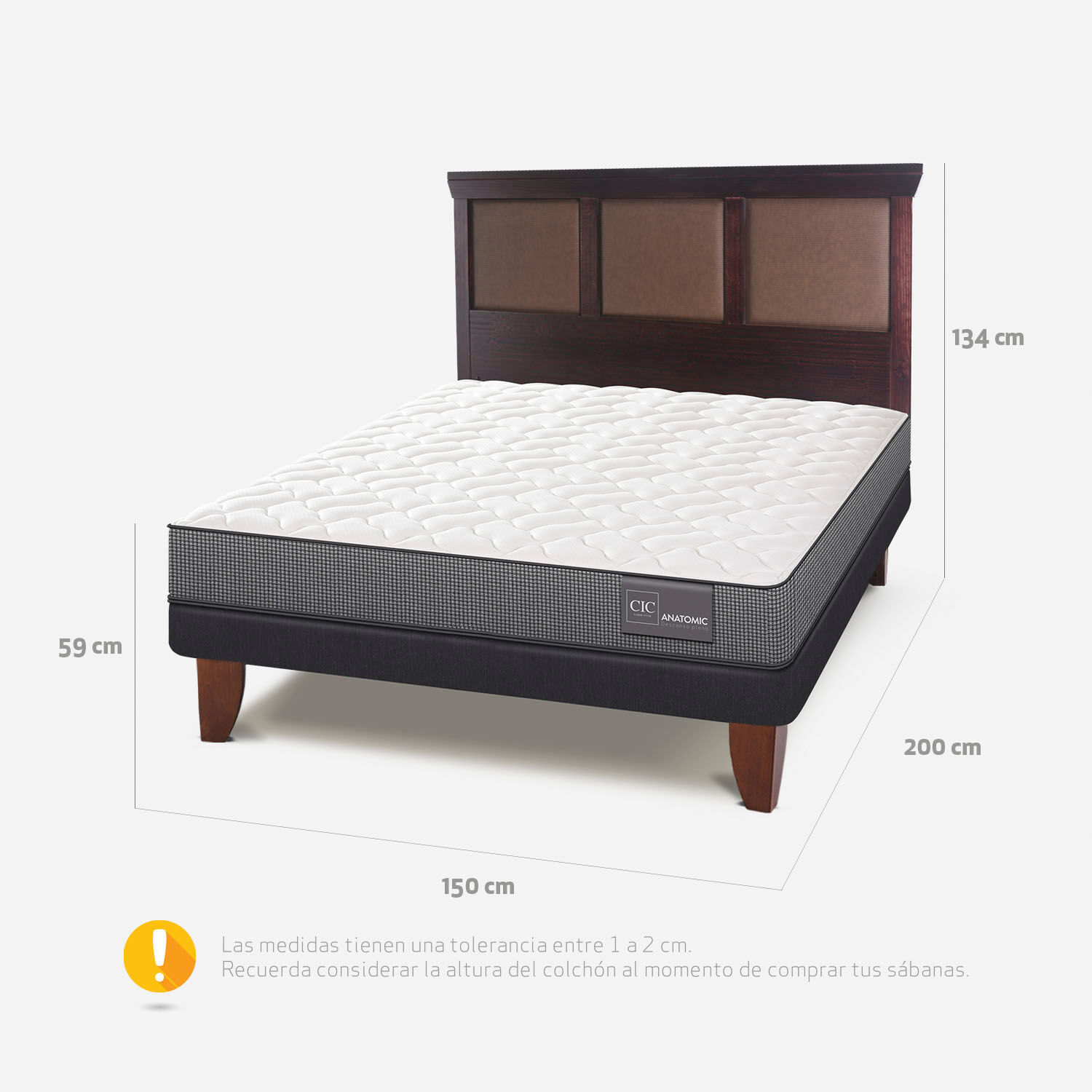 Cama Europea 2 Plazas Base Normal Anatomic + Respaldo Torino Chocolate