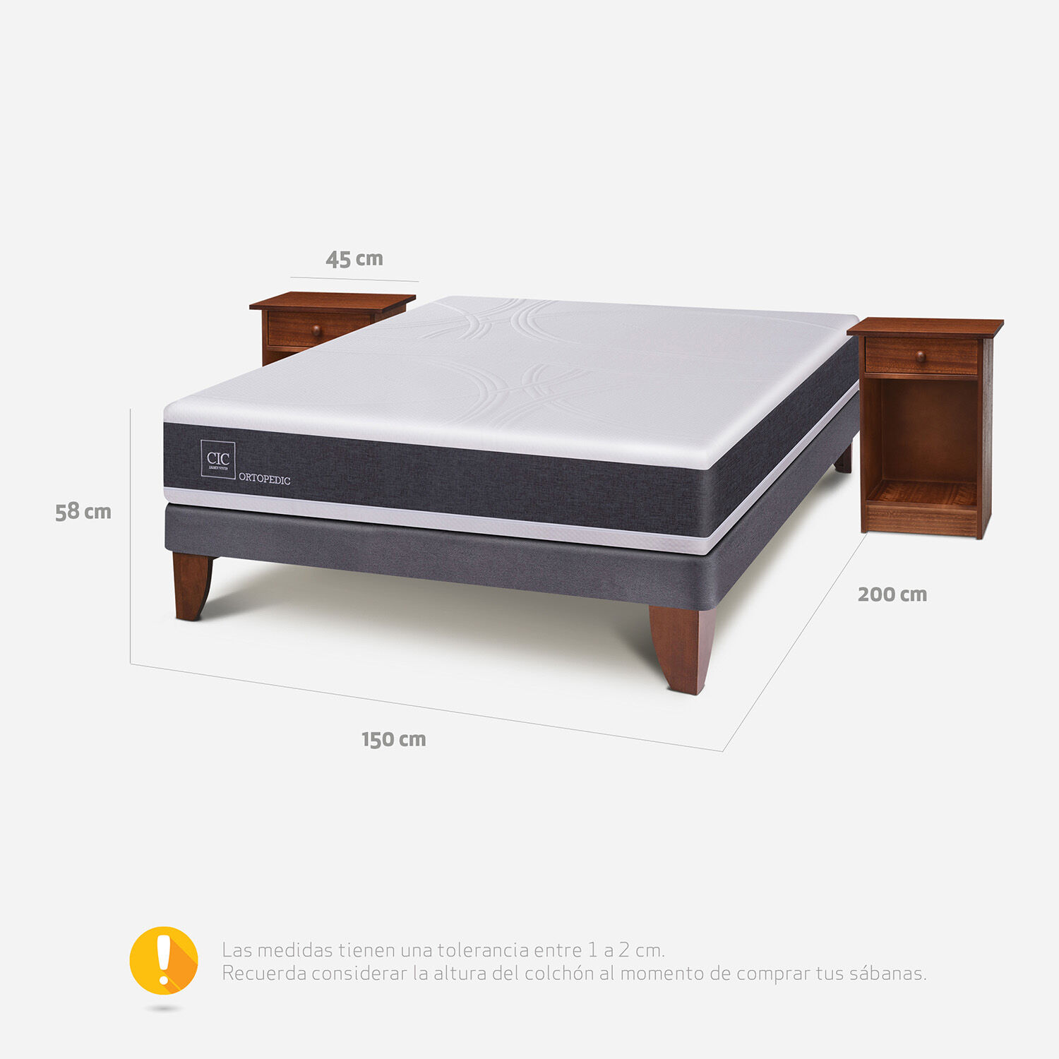 Cama Europea 2 Plazas Base Normal Ortopedic + Veladores Villarrica