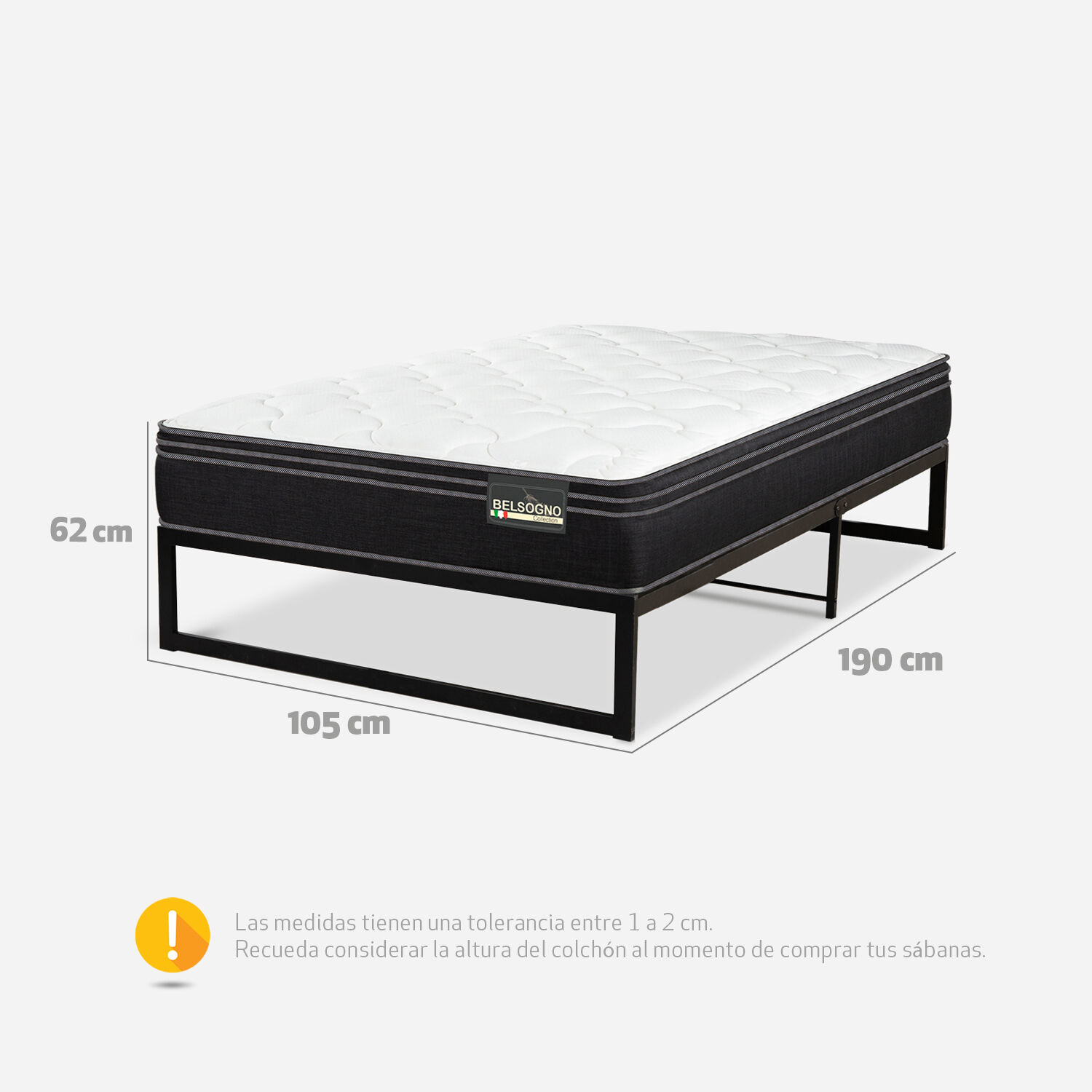 Cama Iron Smart Belsogno 1,5 Plazas Premium Black