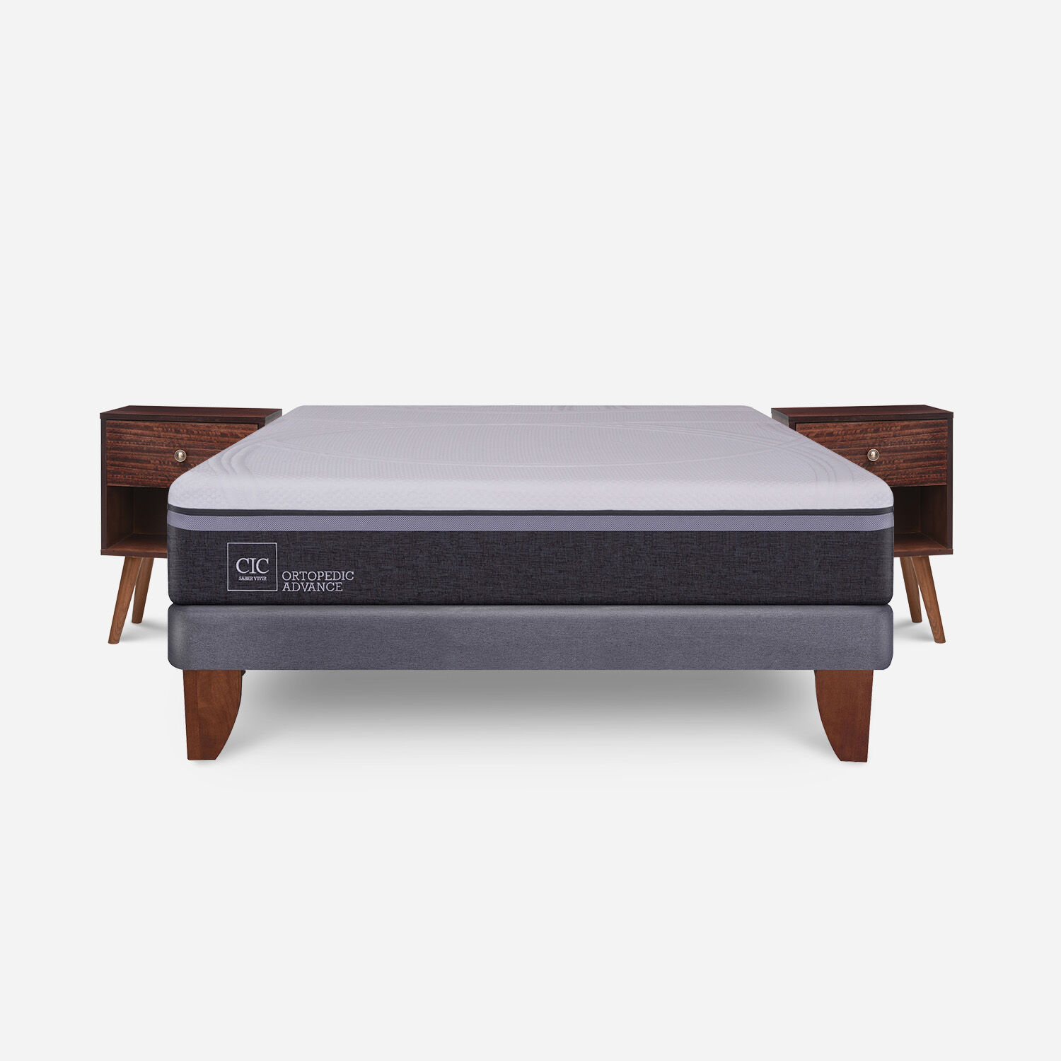 Cama Europea 2 Plazas Ortopedic Advance Base Normal + Veladores M&uacute;nich Chocolate