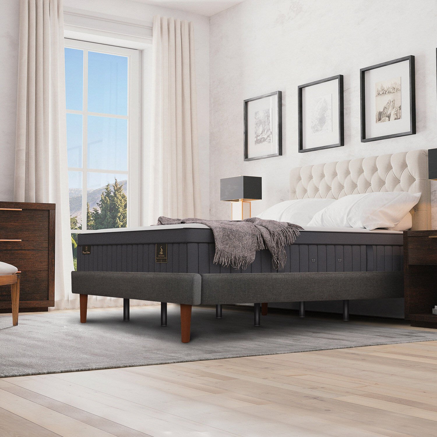 Cama Europea Curve 2 Plazas Grand Premium + Set Mir&oacute; Caramel