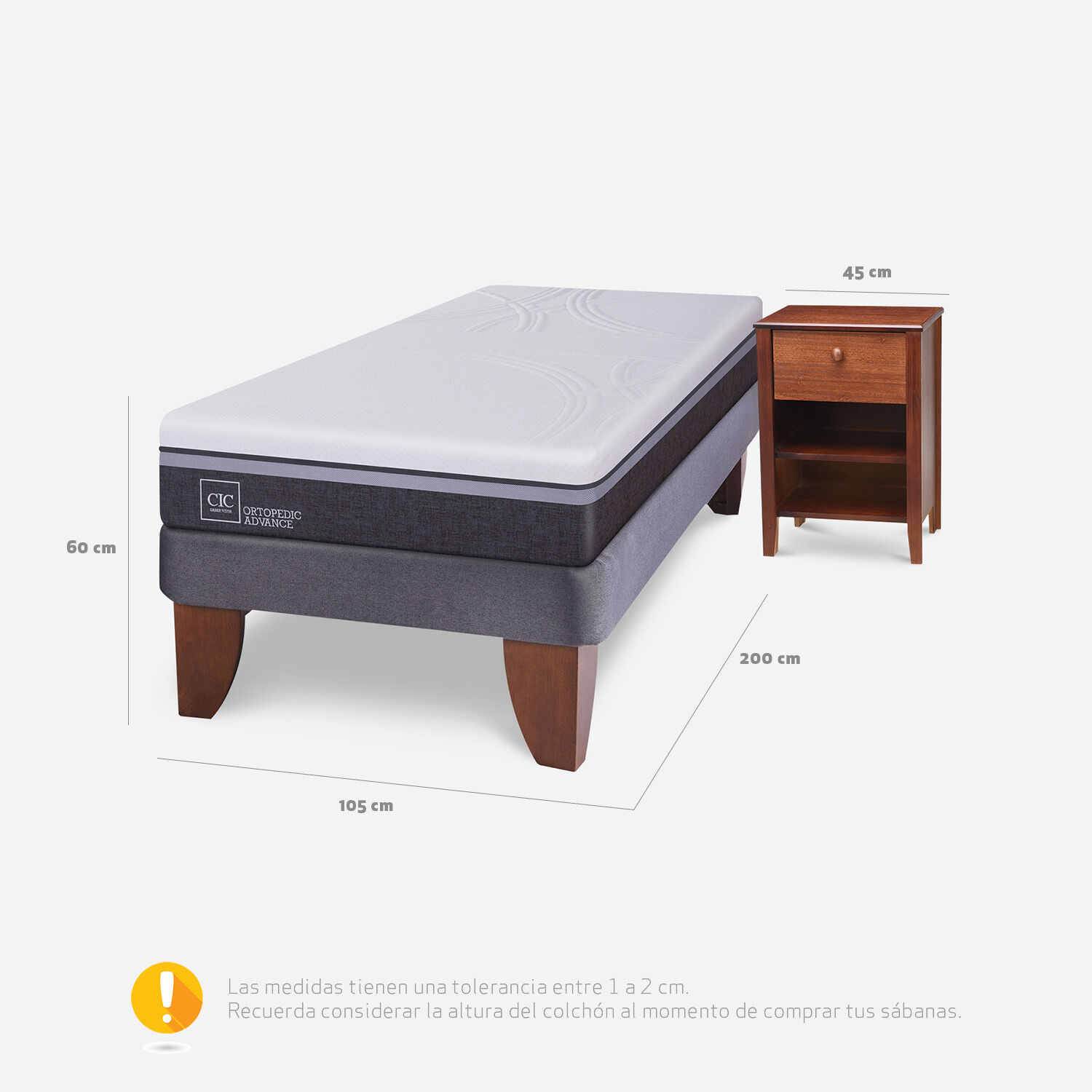 Cama Europea 1,5 Plazas Ortopedic Advance + Velador Torino Caramel