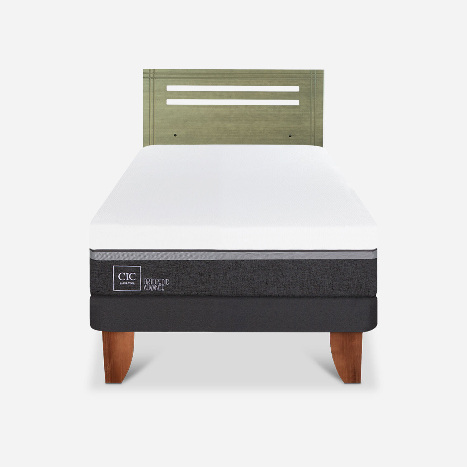 Cama Europea 1,5 Plazas Ortopedic Advance + Respaldo Múnich Olivo
