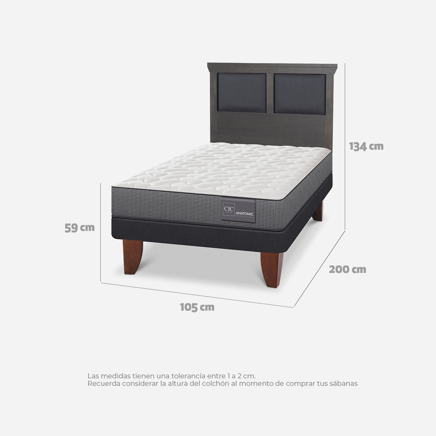 Cama Europea 1,5 Plazas Anatomic + Respaldo Torino Gris