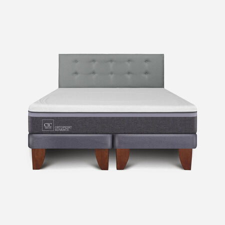 Cama Europea King Ortopedic Advance + Respaldo Tapizado Gris