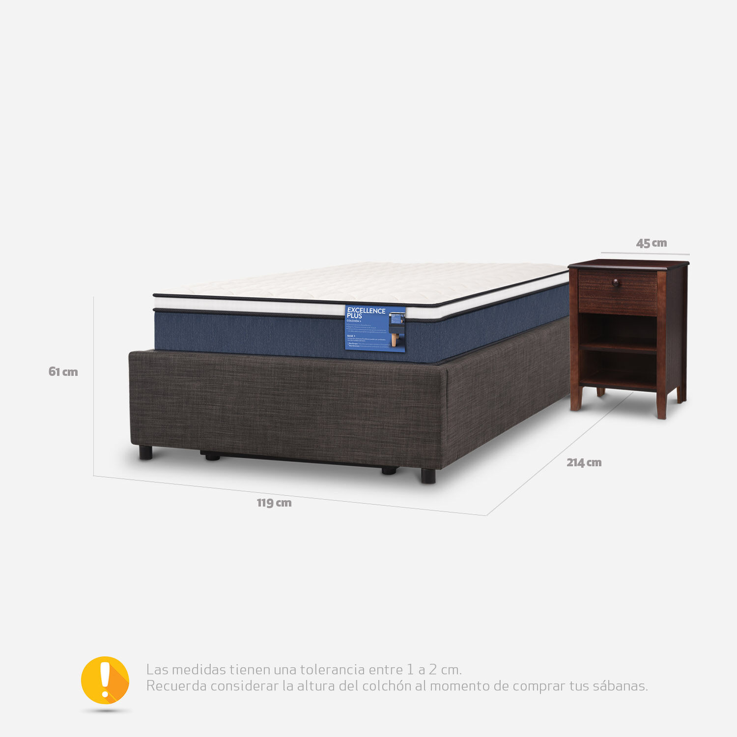 Cama Space Box 1.5 Plazas Excellence Plus + Velador New Torino Choc