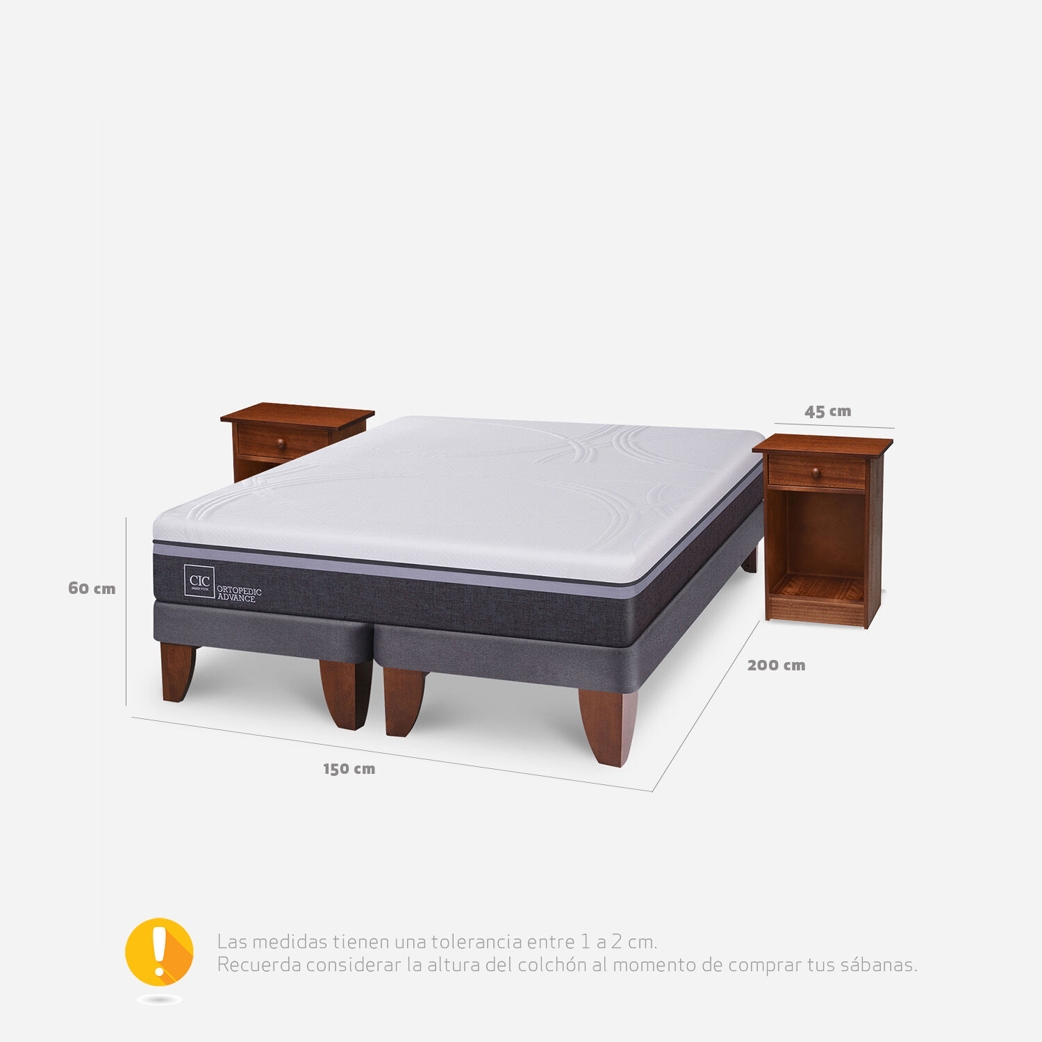 Cama Europea 2 Plazas Ortopedic Advance Base Dividida + Veladores Villarrica