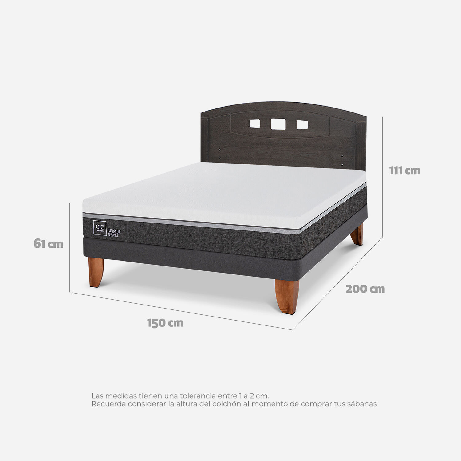 Cama Europea 2 Plazas Ortopedic Advance Base Normal + RespaldoGales Gris