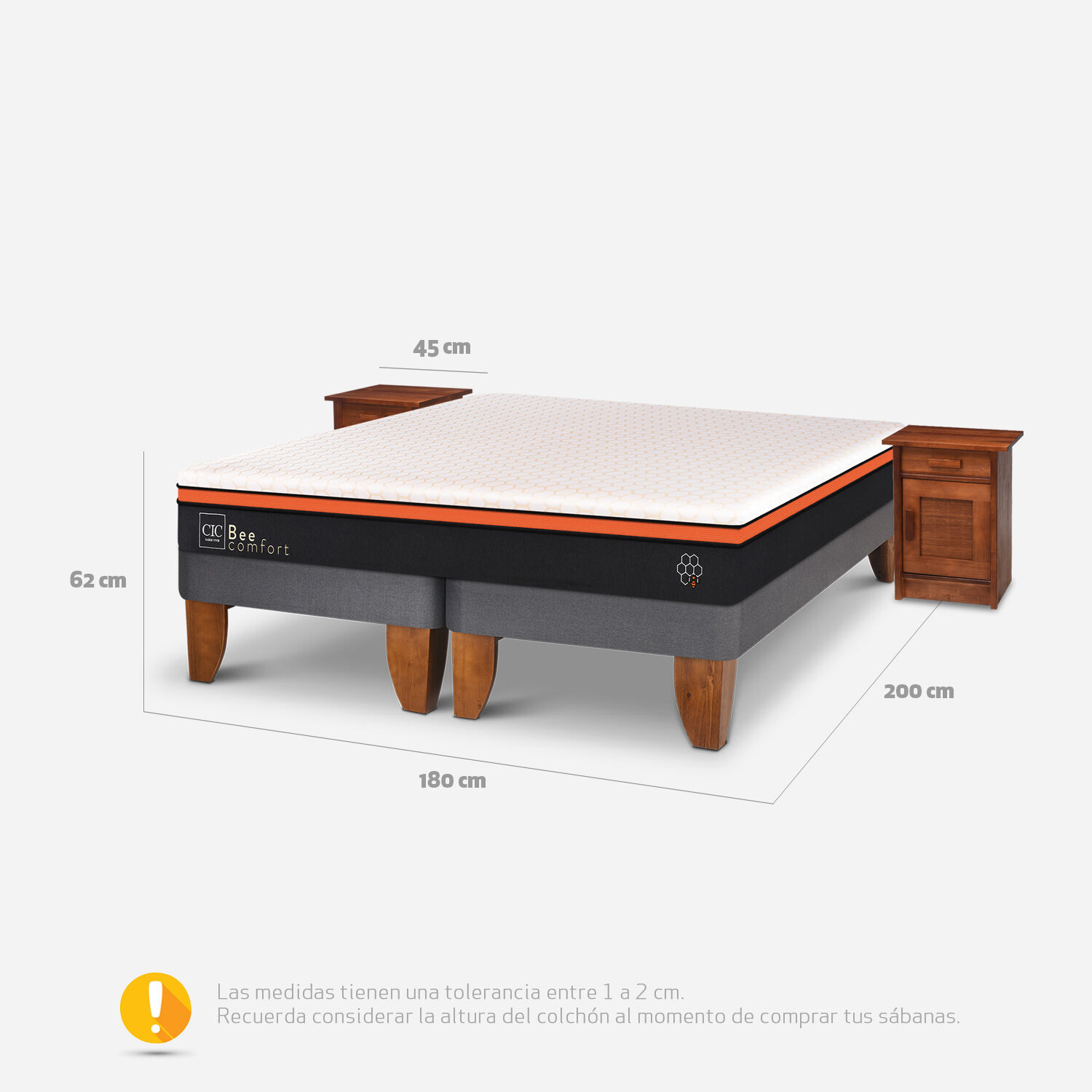 Cama Europea King Bee Comfort + Veladores Milán Caramel
