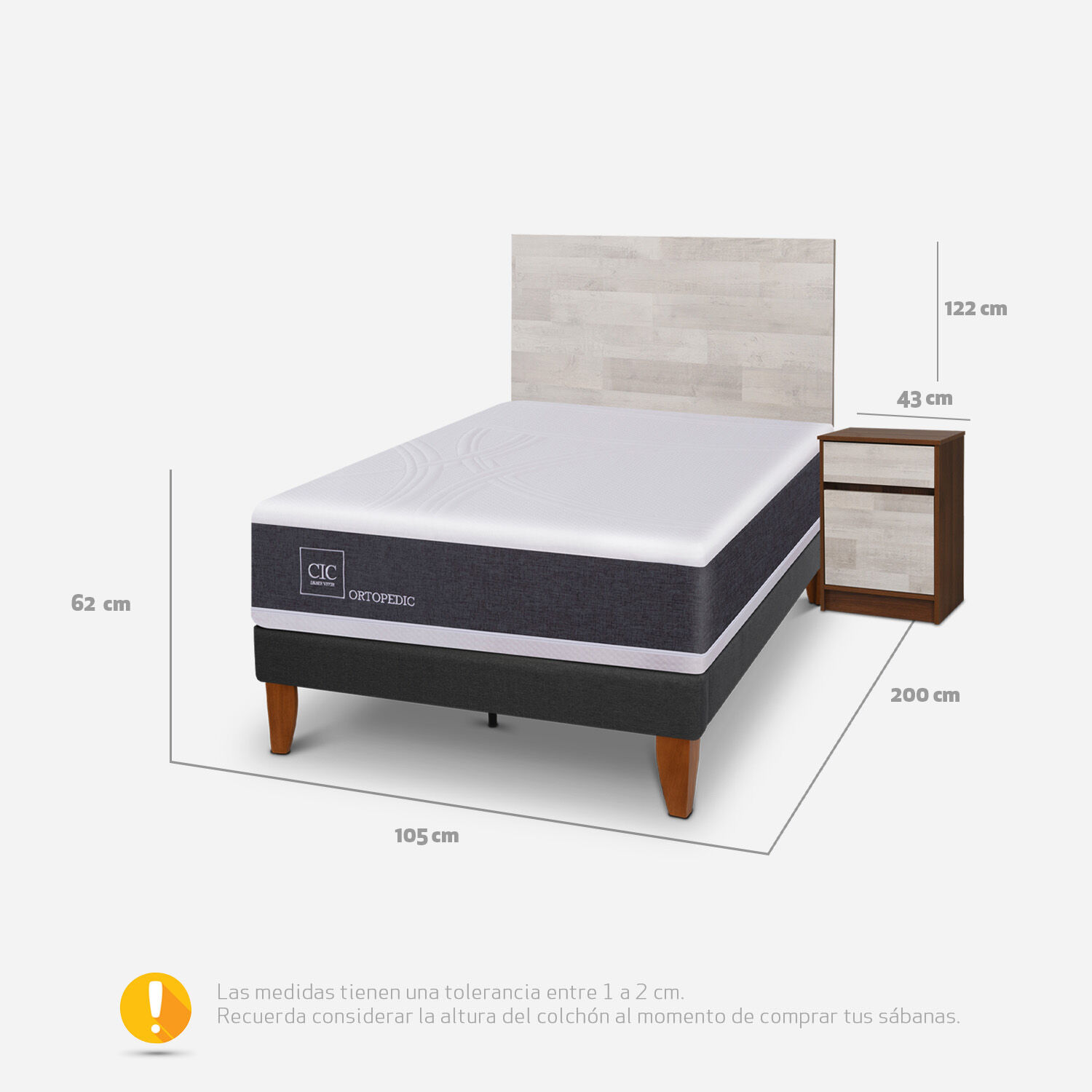 Cama Europea Curve 1.5 Plazas Ortopedic + Set Legno