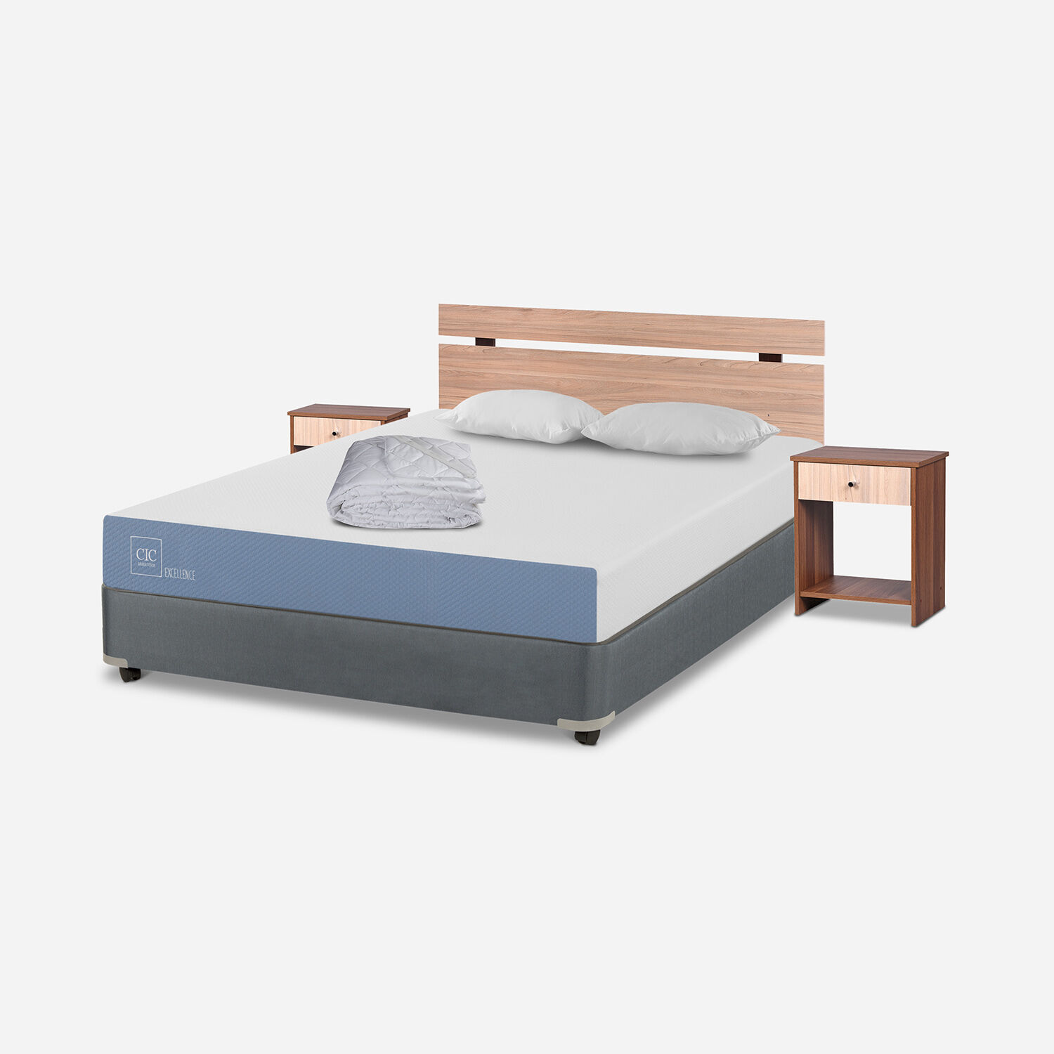 Cama Americana Full Excellence + Set Olmo + Almohadas + Plum&oacute;n
