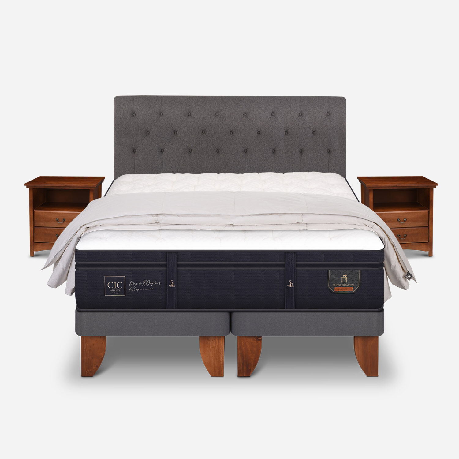 Cama Europea King Super Premium + Set Kaveri + Plum&oacute;n 100% Pluma de Ganso