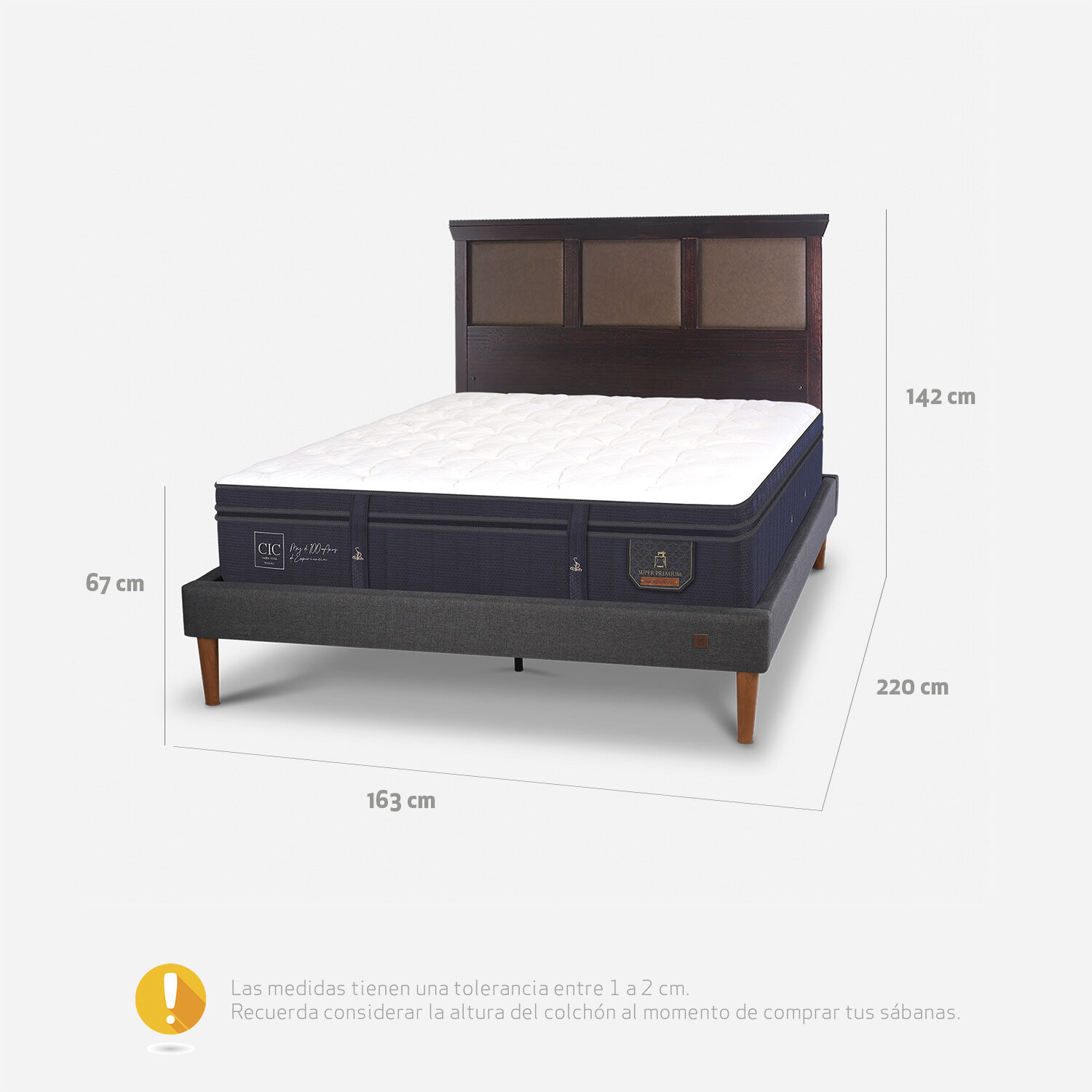 Cama Europea Curve 2 Plazas Super Premium + Respaldo Torino Chocolate