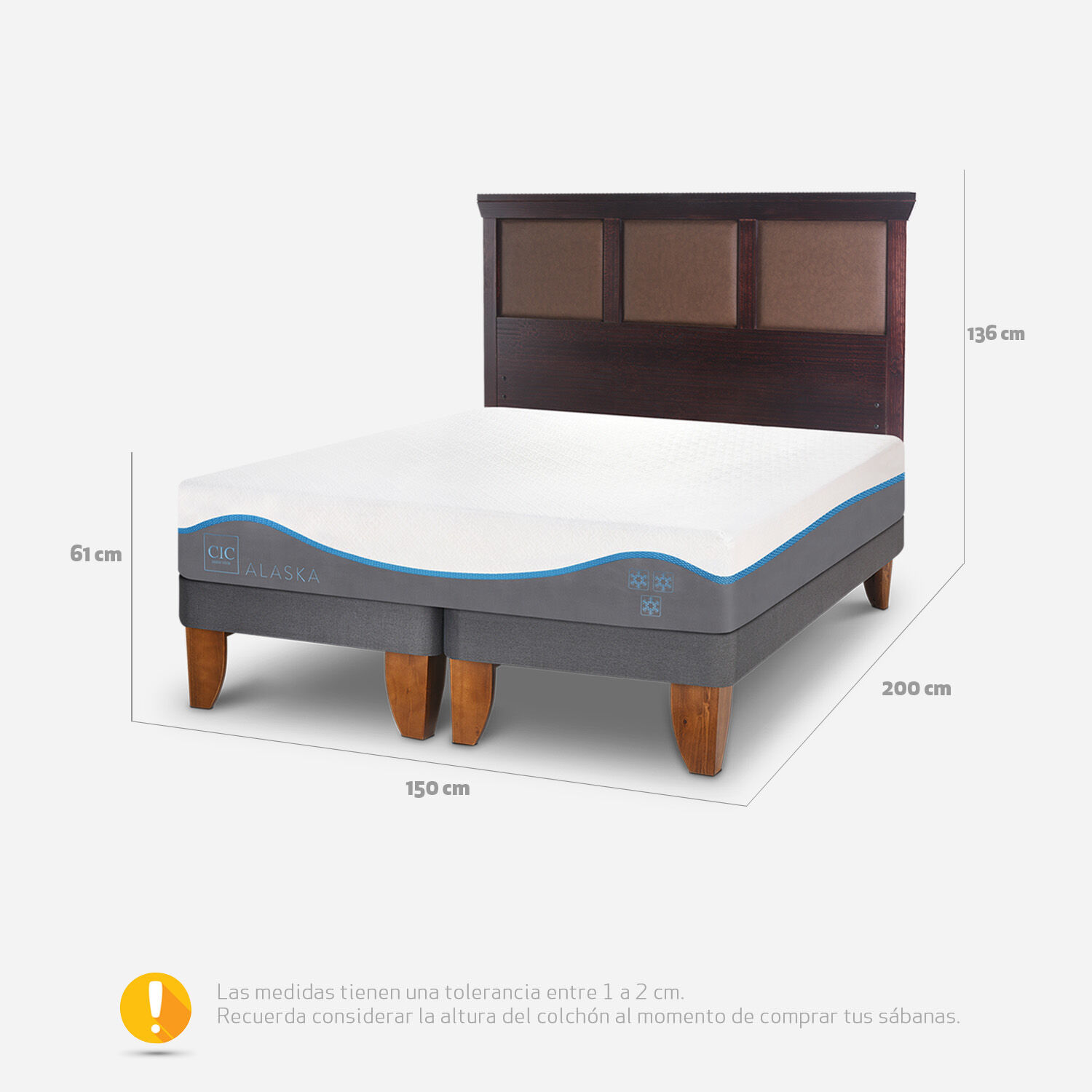 Cama Europea 2 Plazas Alaska Base Dividida + Respaldo Torino Chocolate