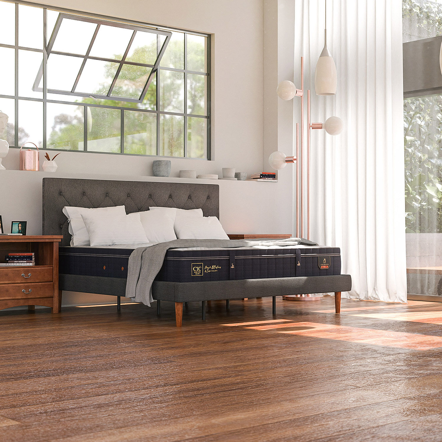 Cama Europea Curve King Super Premium + Plum&oacute;n + S&aacute;banas + Almohadas