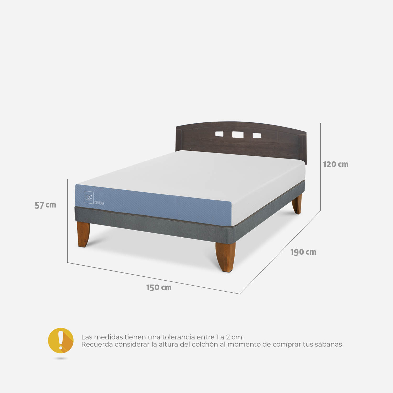 Cama Europea 2 Plazas Excellence Base Normal + Respaldo Gales Gris