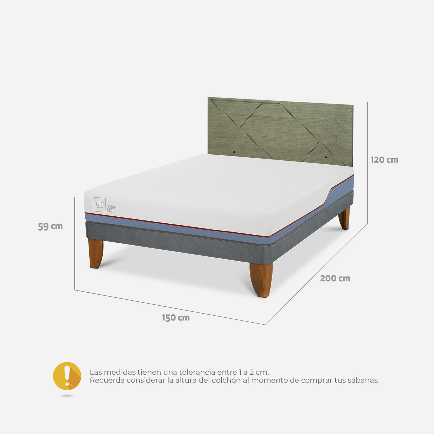 Cama Europea 2 Plazas Excellence Plus Base Normal + Respaldo Villarrica Olivo