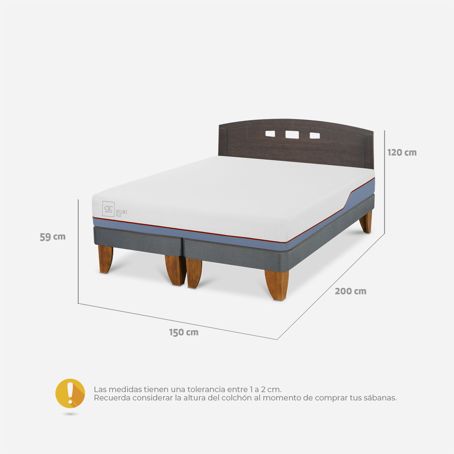 Cama Europea 2 Plazas Excellence Base Dividida + Respaldo Gales Gris