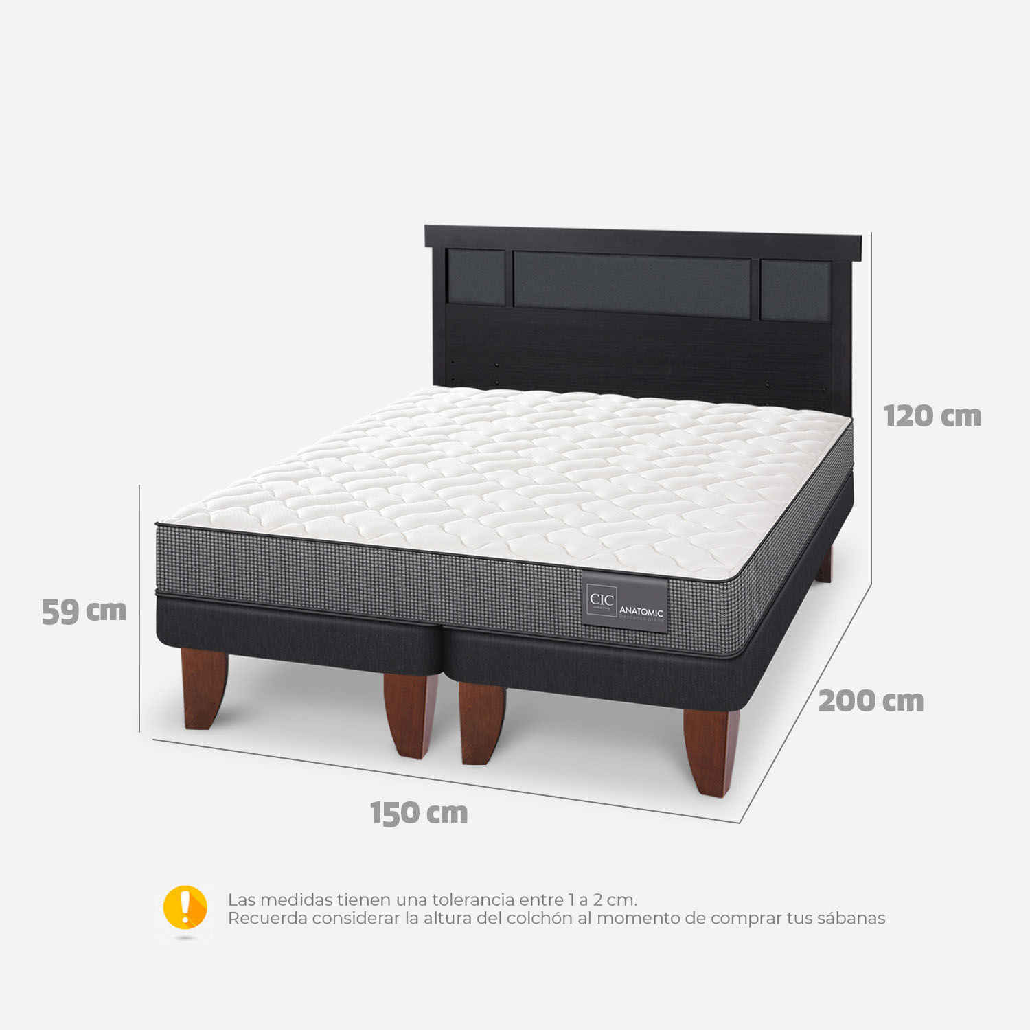 Cama Europea 2 Plazas Anatomic Base Dividida + Respaldo Dublín Negro