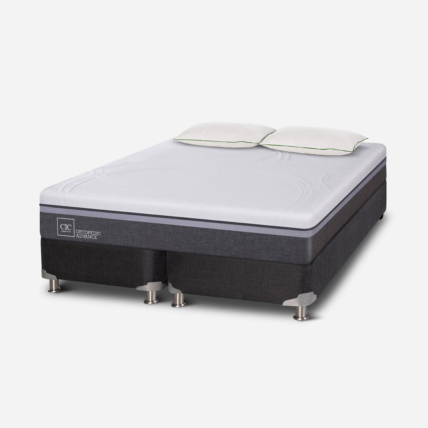 Box Spring 2 Plazas Ortopedic Advance Base Dividida 5 Zonas + Almohadas Down Alternative